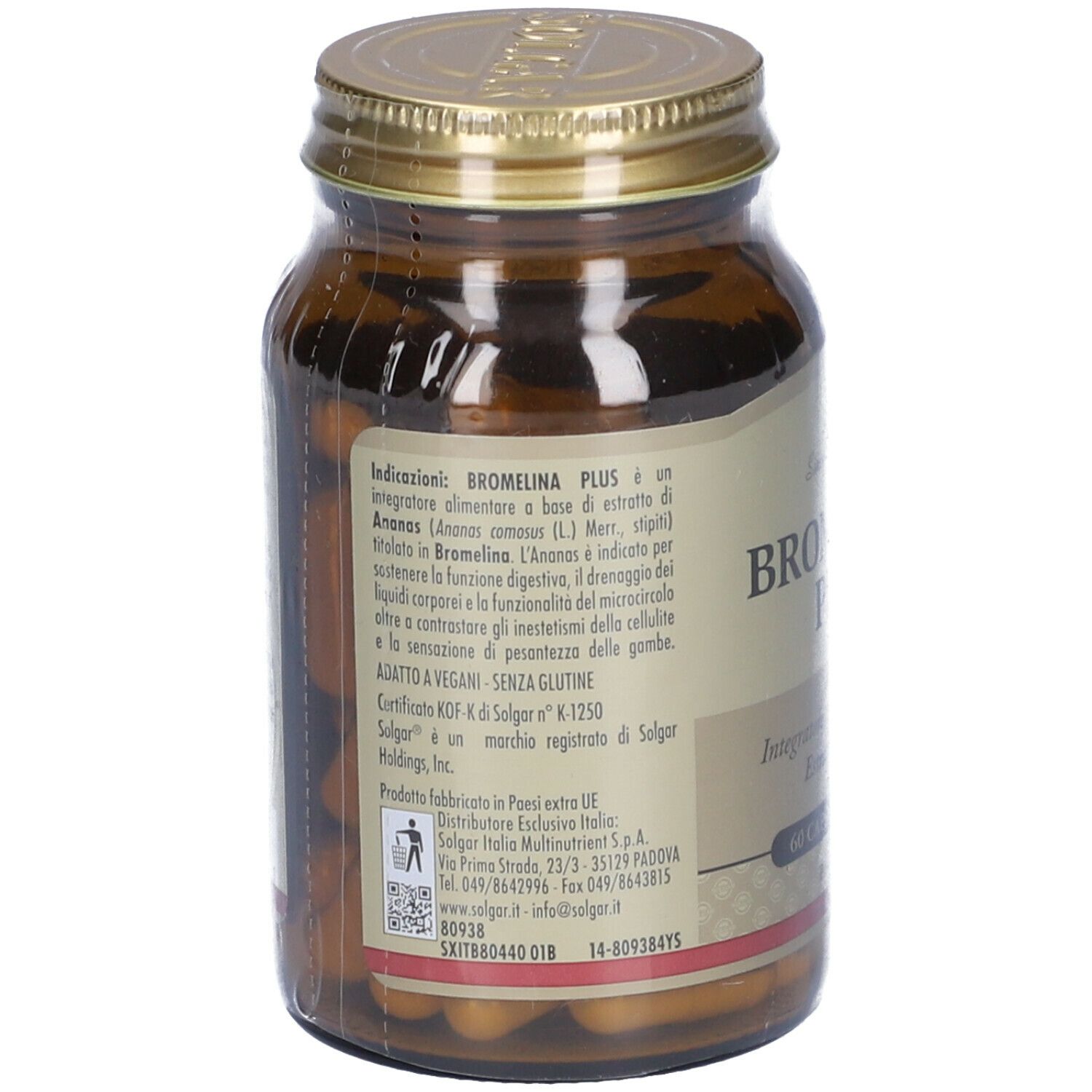 Retro del flacone di vetro marrone. Etichetta con informazioni sul prodotto, ingredienti e produttore. Vegano.