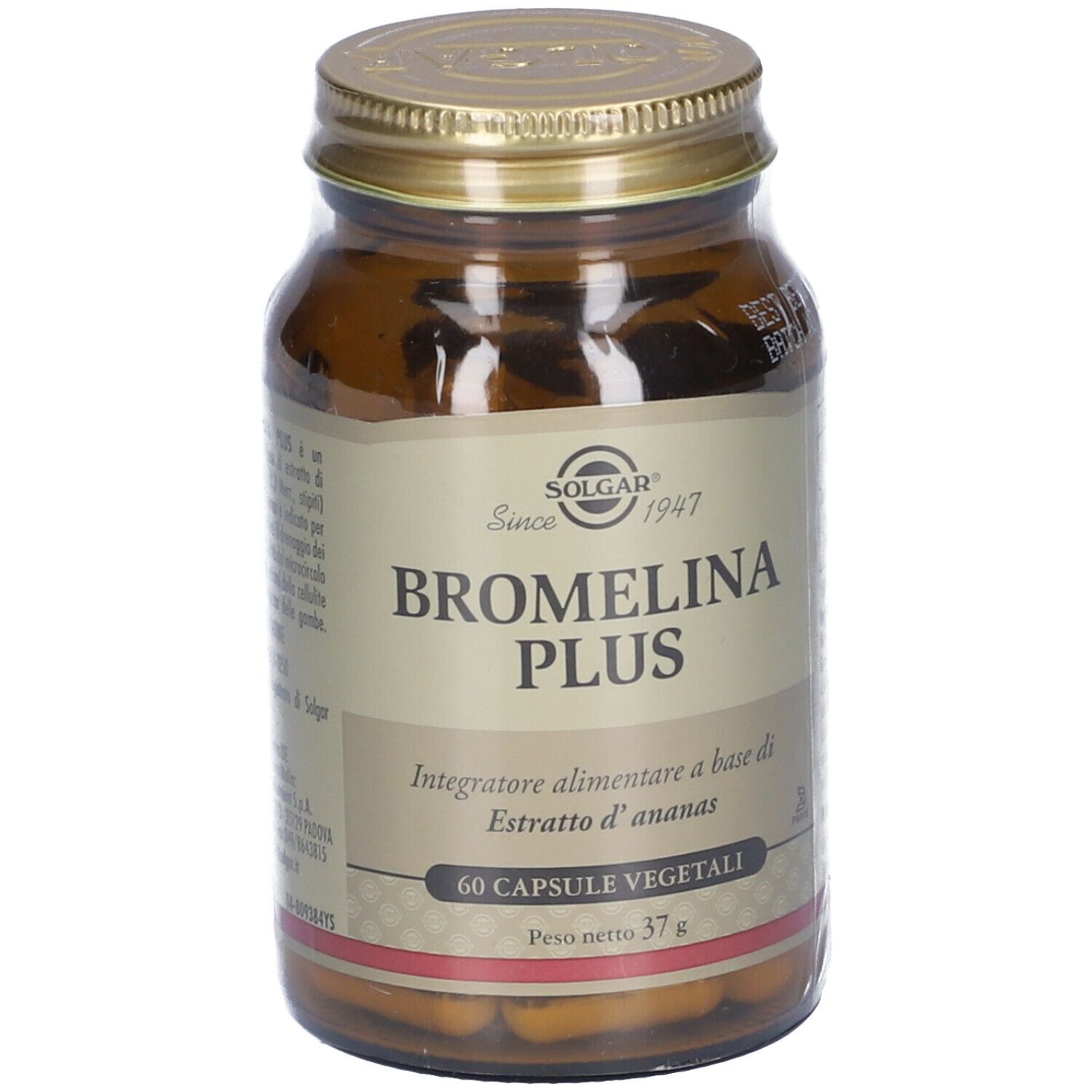 Flacone di vetro marrone con tappo dorato. Etichetta con nome prodotto e 'SOLGAR'. Contiene 60 capsule.