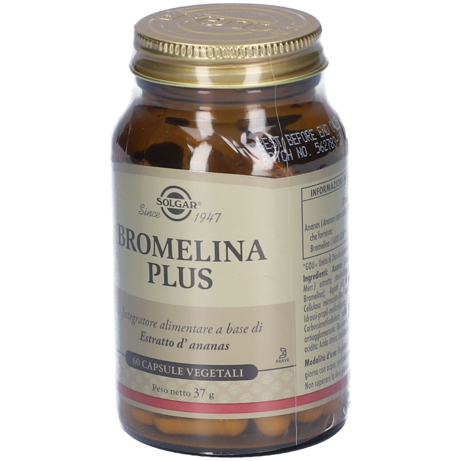 Flacone di vetro marrone con tappo dorato. Etichetta con nome prodotto e 'SOLGAR'. Contiene 60 capsule.