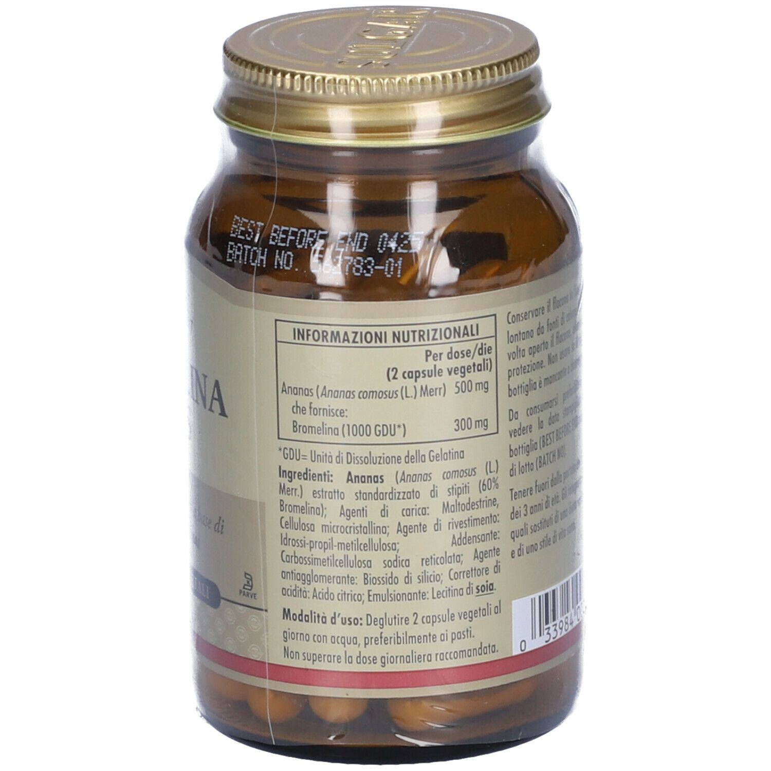 Retro del flacone di vetro marrone. Etichetta con informazioni nutrizionali e ingredienti. Contiene capsule.