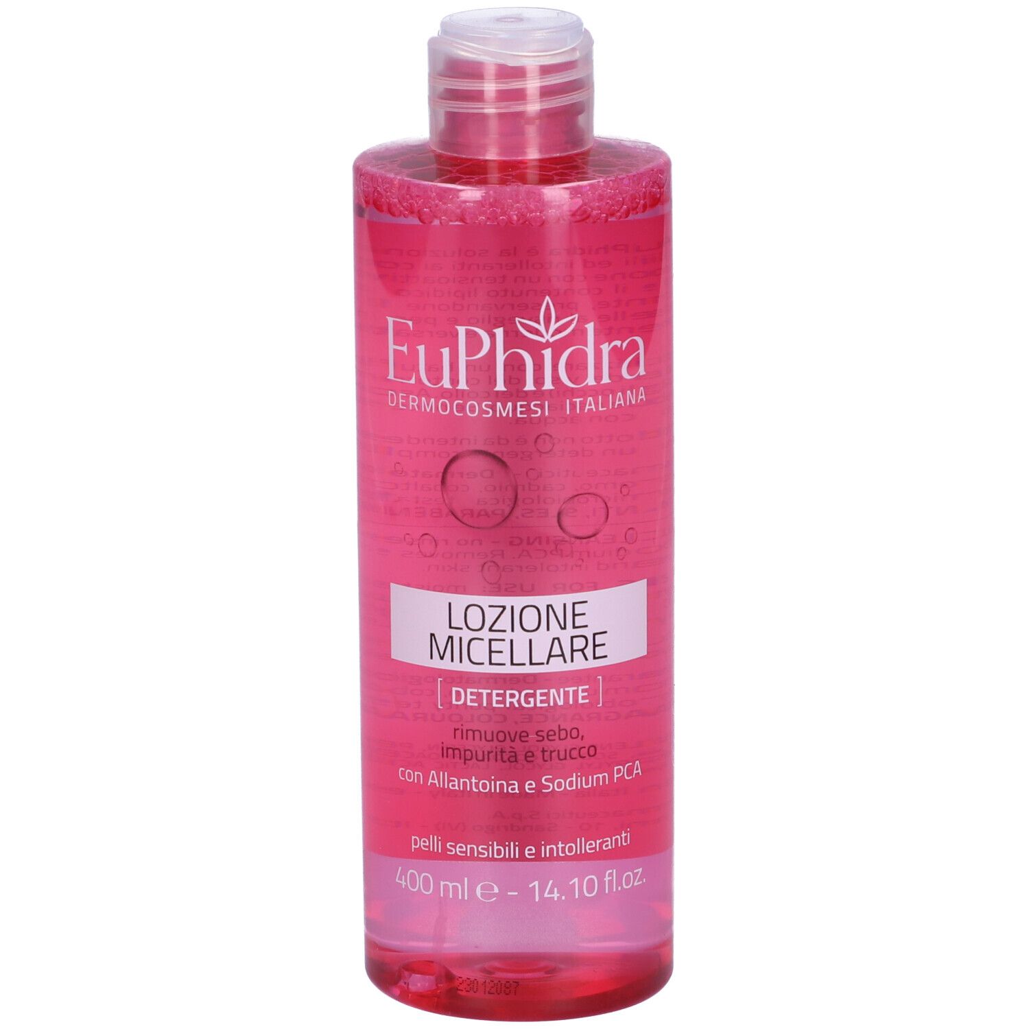 Flacone rosa con tappo bianco. Scritta: Euphidra, Lozione Micellare, Detergente. Per pelli sensibili.