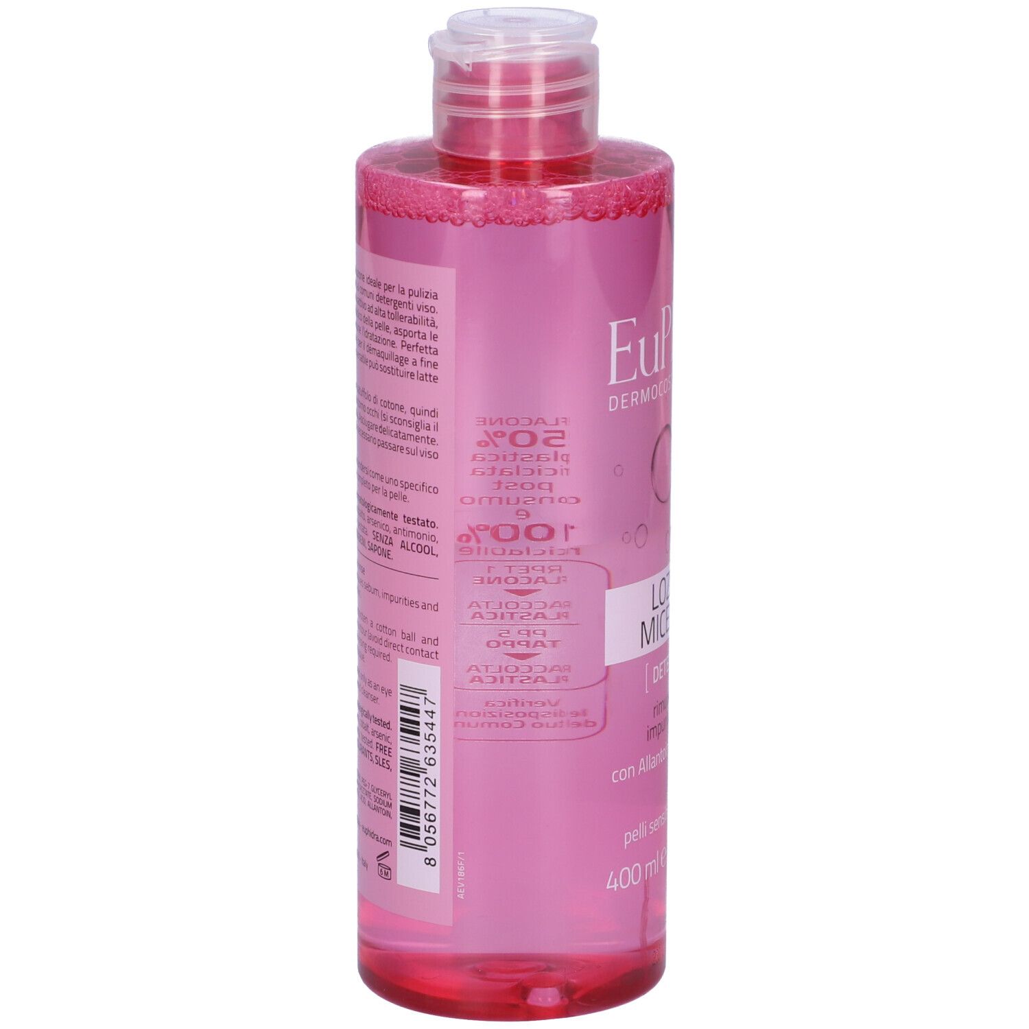 Retro del flacone rosa. Testo in italiano. Contiene informazioni sul prodotto e sugli ingredienti.