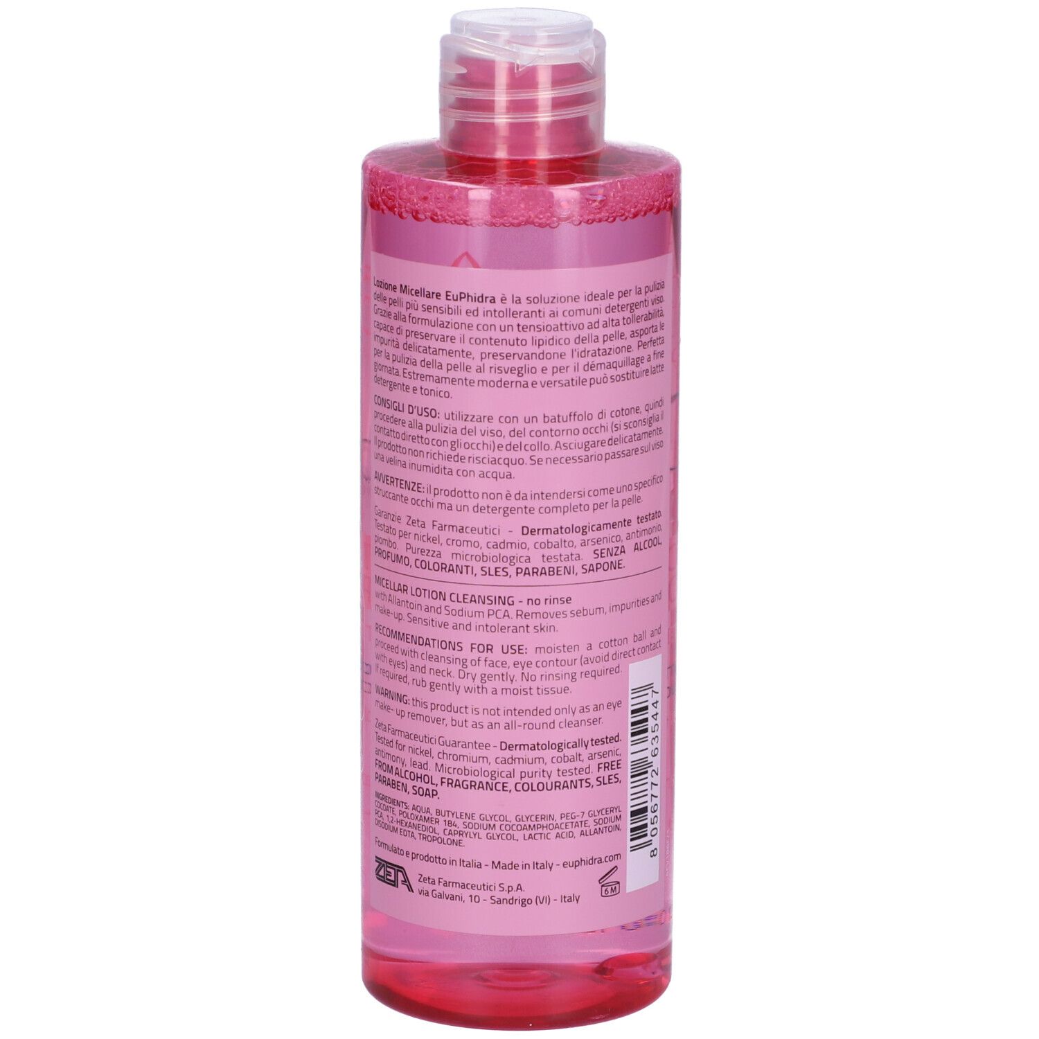 Retro del flacone rosa. Testo in italiano. Contiene informazioni sul prodotto e sugli ingredienti.