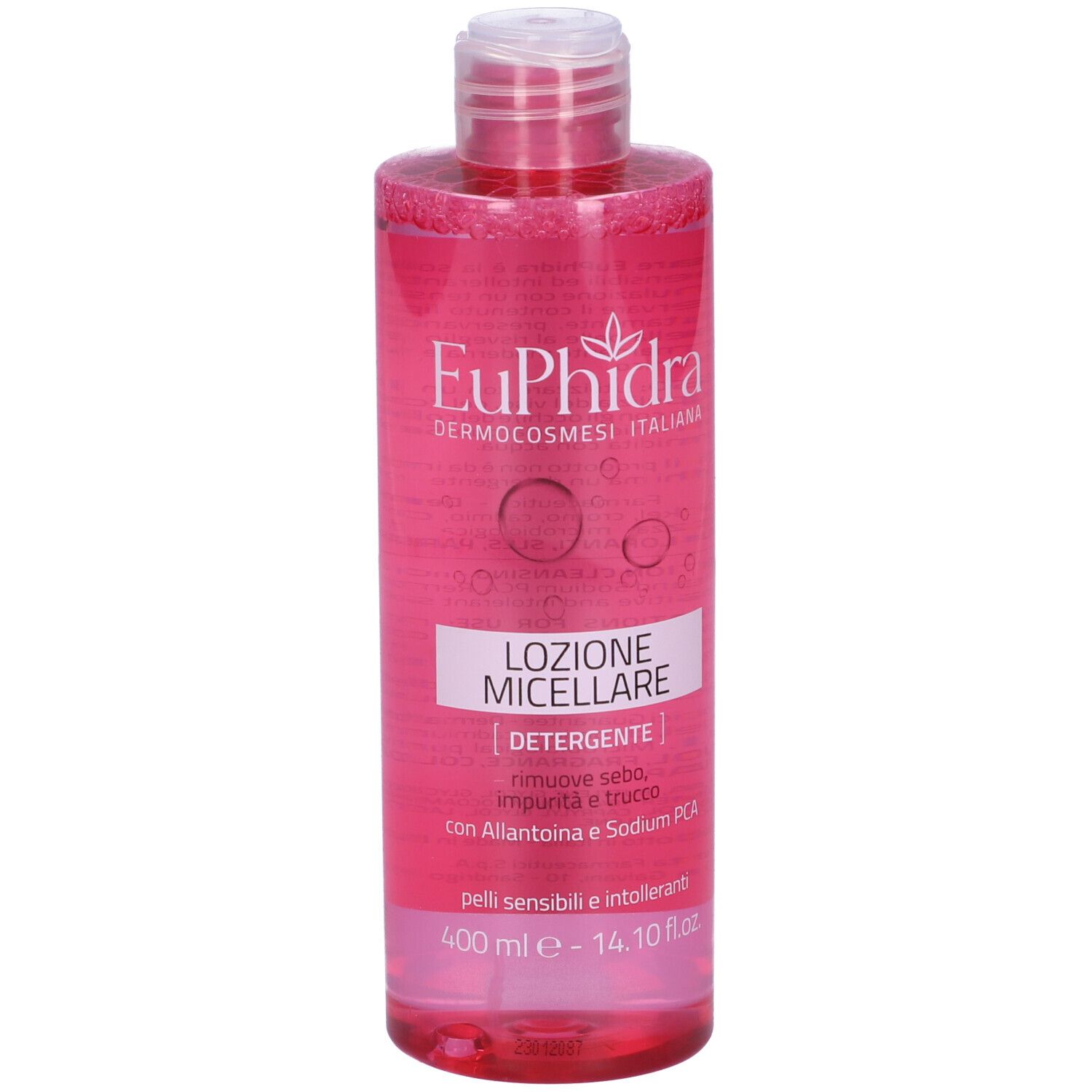 Flacone rosa con tappo bianco. Scritta: Euphidra, Lozione Micellare, Detergente. Per pelli sensibili.