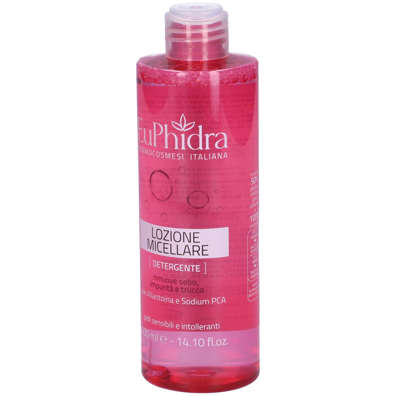 Flacone rosa con tappo bianco. Scritta: Euphidra, Lozione Micellare, Detergente. Per pelli sensibili.