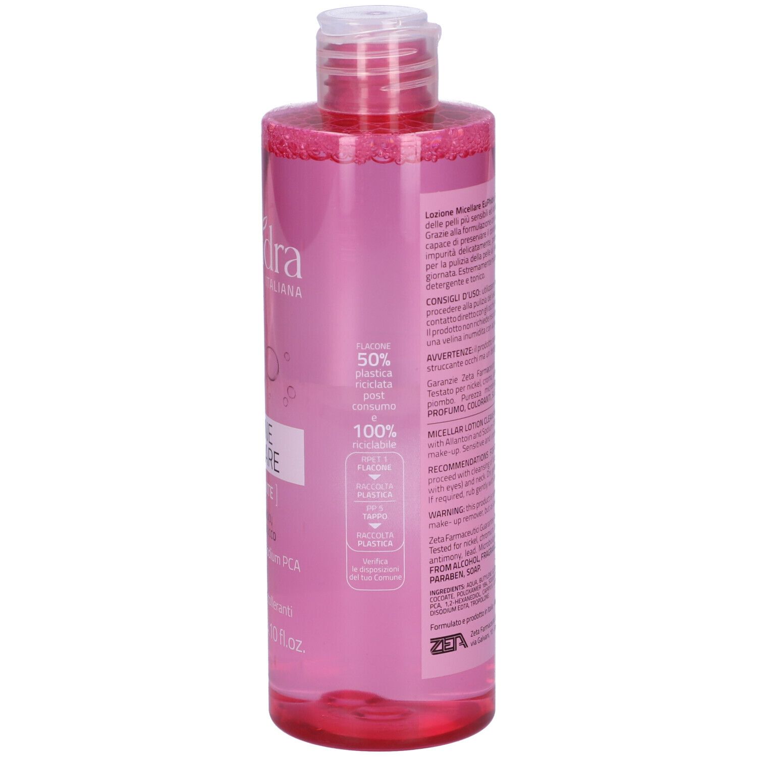 Retro del flacone rosa. Testo in italiano. Contiene informazioni sul prodotto e sugli ingredienti.