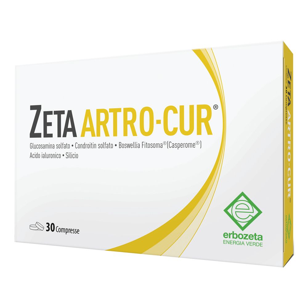 Scatola di compresse "ZETA ARTRO-CUR". Contiene glucosamina, condroitina, boswellia e acido ialuronico. 30 compresse, logo.