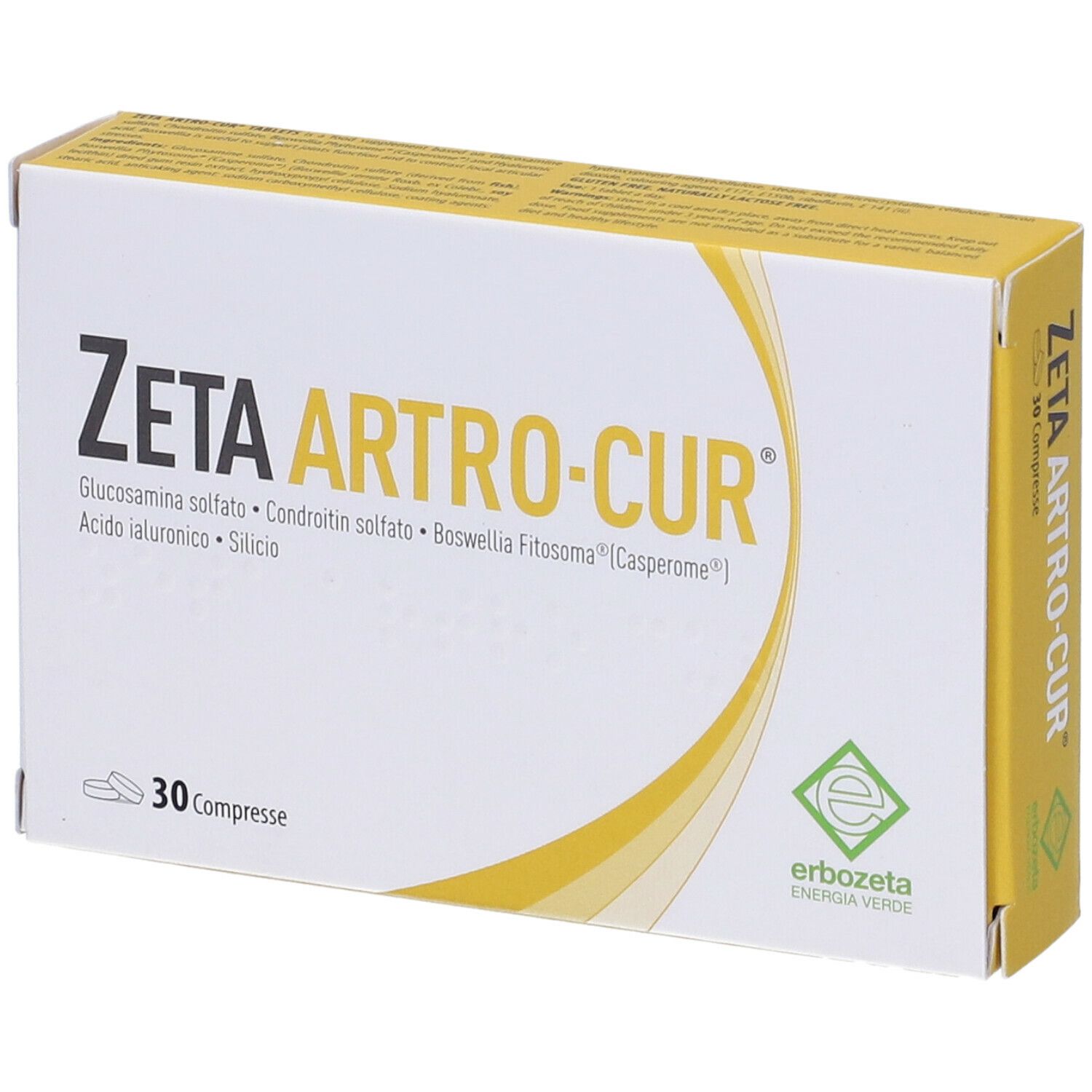 Scatola "ZETA ARTRO-CUR" con 30 compresse. Contiene glucosamina, condroitina, boswellia e acido ialuronico. Confezione giallo-bianca.
