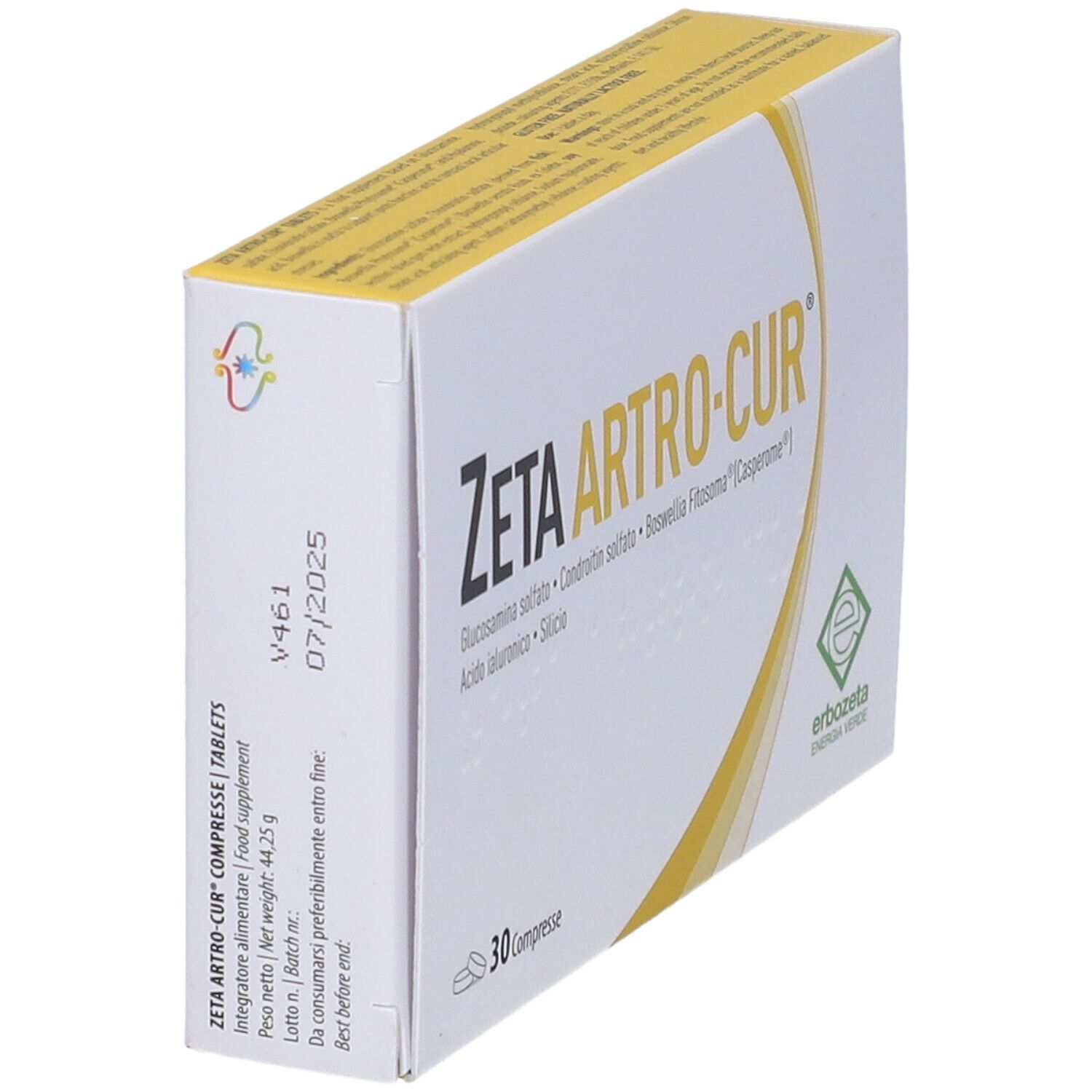 Scatola "ZETA ARTRO-CUR" con 30 compresse. Contiene glucosamina, condroitina, boswellia e acido ialuronico. Vista obliqua.