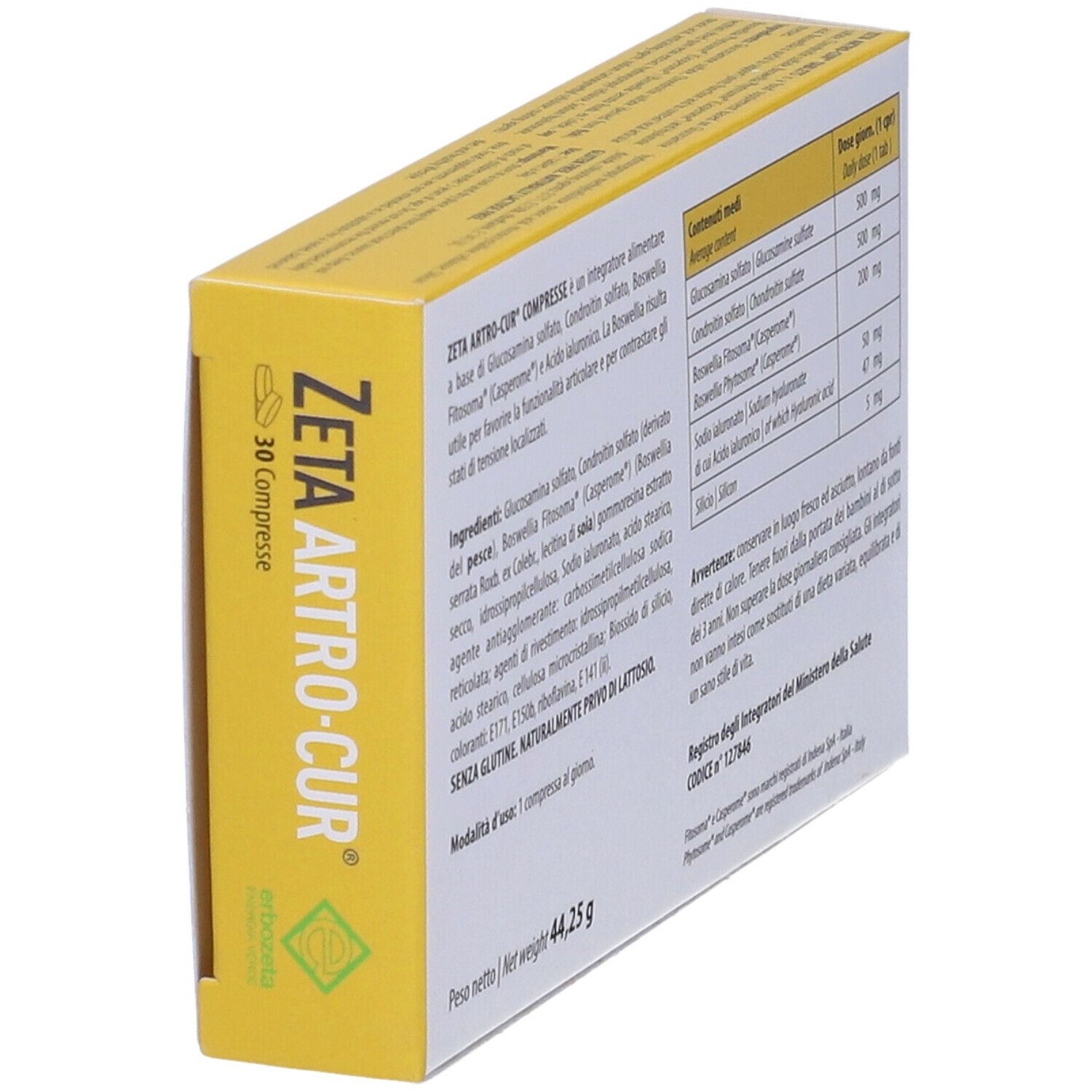 Scatola "ZETA ARTRO-CUR" con 30 compresse. Contiene glucosamina, condroitina, boswellia e acido ialuronico. Vista obliqua.