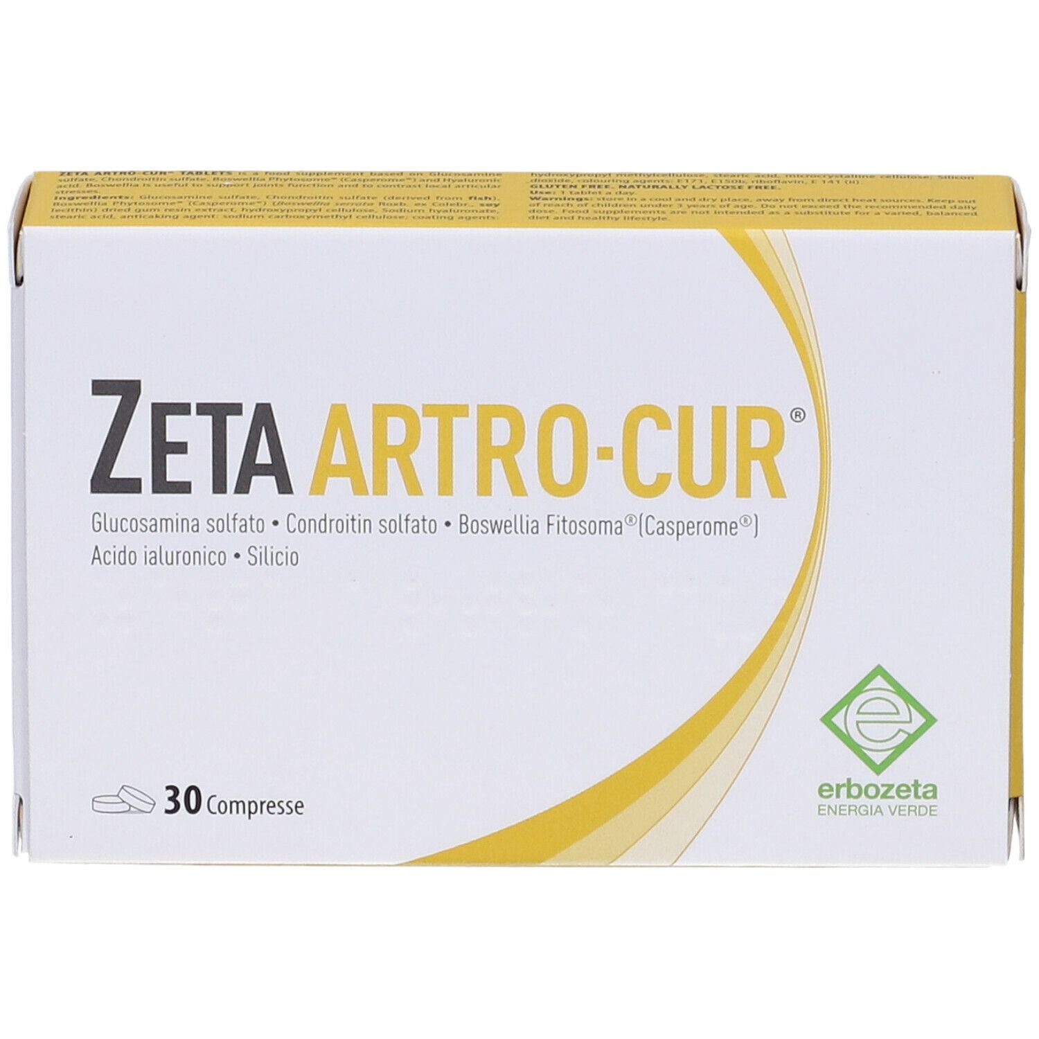 Scatola "ZETA ARTRO-CUR" con 30 compresse. Contiene glucosamina, condroitina, boswellia e acido ialuronico. Confezione giallo-bianca.
