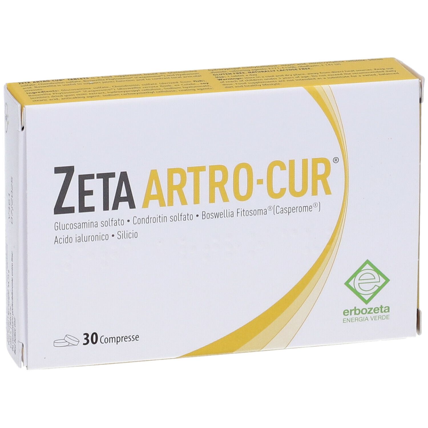 Scatola di compresse "ZETA ARTRO-CUR". Contiene glucosamina, condroitina, boswellia e acido ialuronico. 30 compresse, logo.