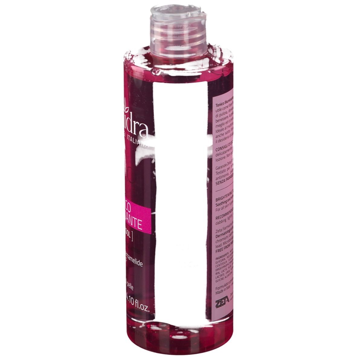 Flacone rosa con tappo trasparente. Testo sul retro. Marchio EuPhidra.