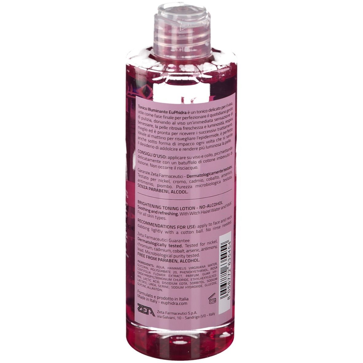 Flacone rosa con tappo trasparente. Testo sul retro. Marchio EuPhidra.