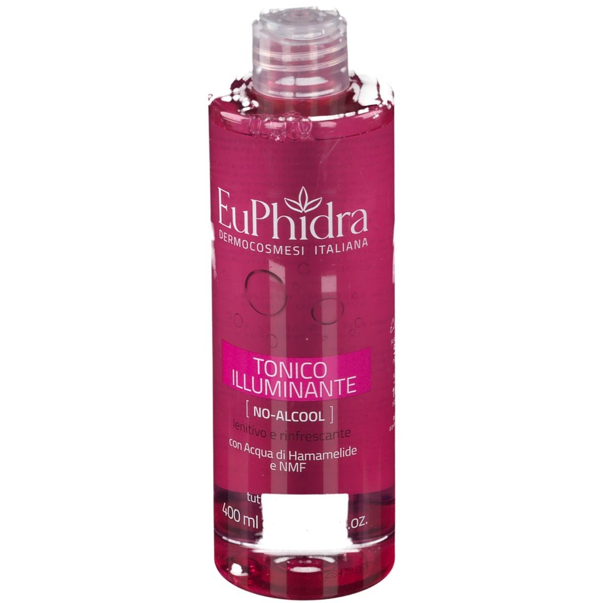 Flacone rosa con tappo trasparente. Scritta: EuPhidra, Tonico Illuminante, No-Alcool.