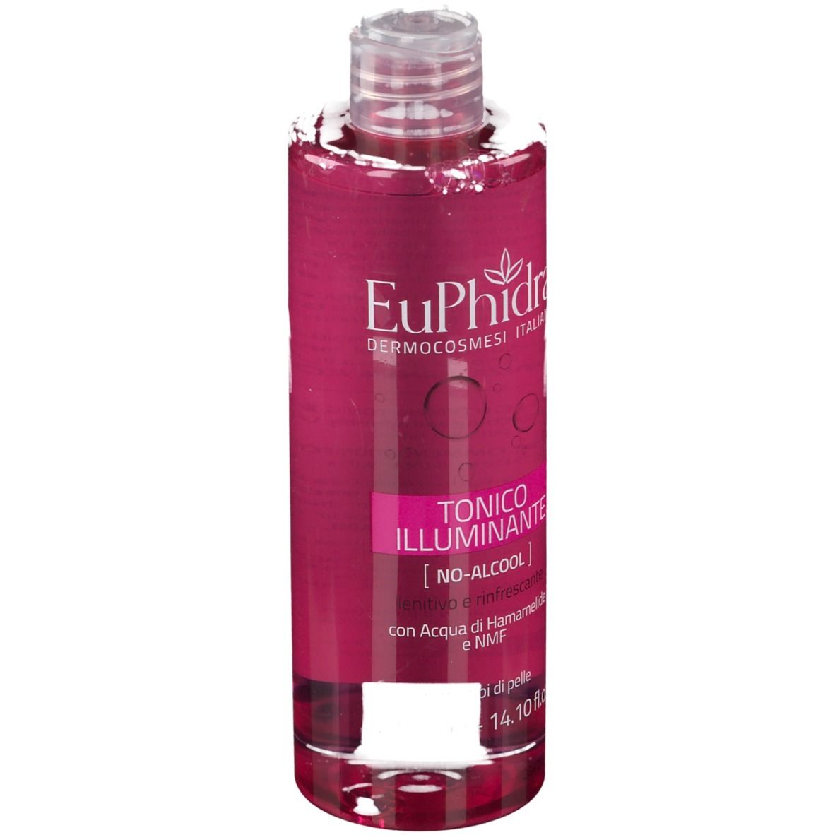 Flacone rosa con tappo trasparente. Scritta: EuPhidra, Tonico Illuminante, No-Alcool.