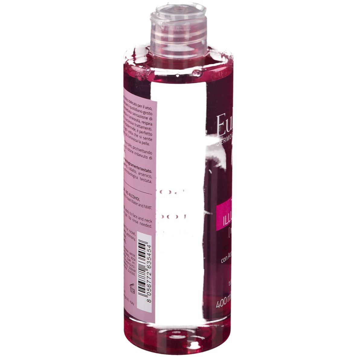Flacone rosa con tappo trasparente. Testo sul retro. Marchio EuPhidra.