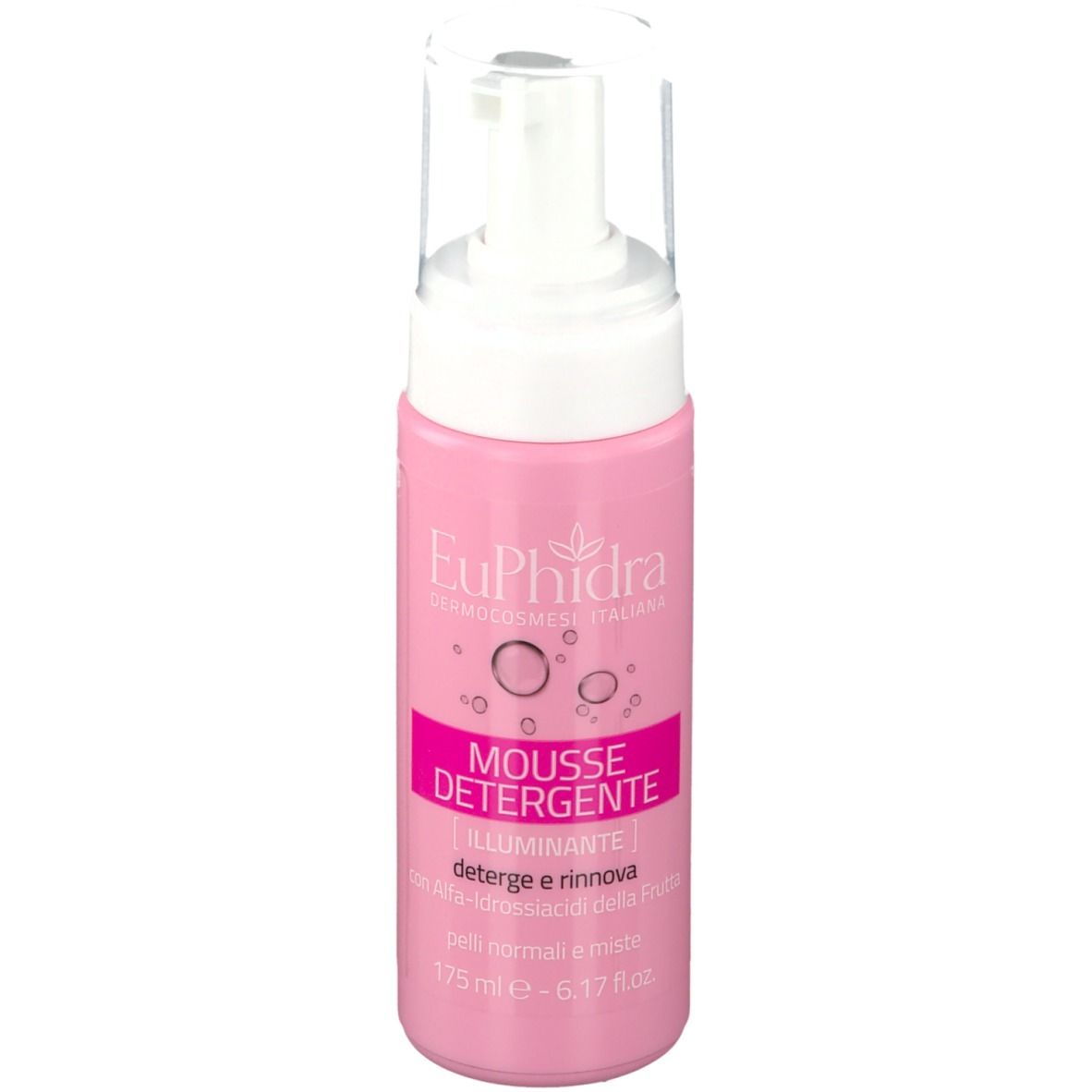 Flacone rosa con erogatore bianco. Scritta: EuPhidra, Mousse Detergente, Illuminante. 175 ml.