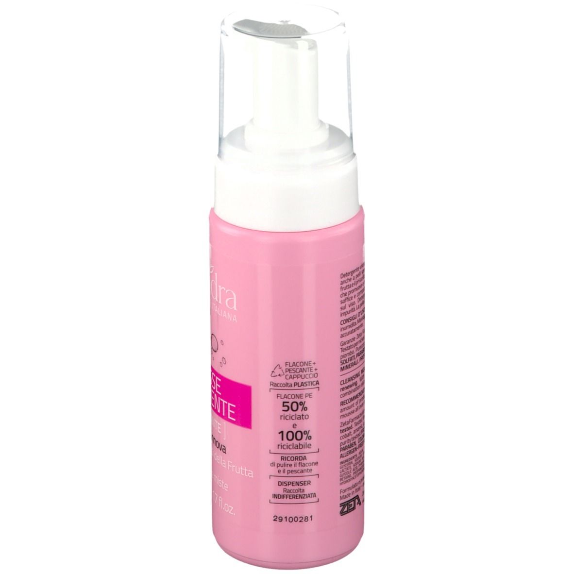 Retro di un flacone rosa con erogatore bianco. Testo: EuPhidra. Logo riciclo. 100% riciclabile.