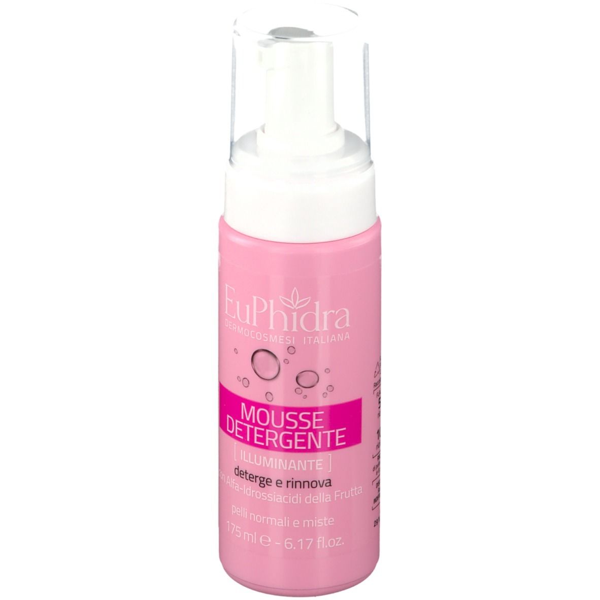 Flacone rosa con erogatore bianco. Scritta: EuPhidra, Mousse Detergente, Illuminante. 175 ml.