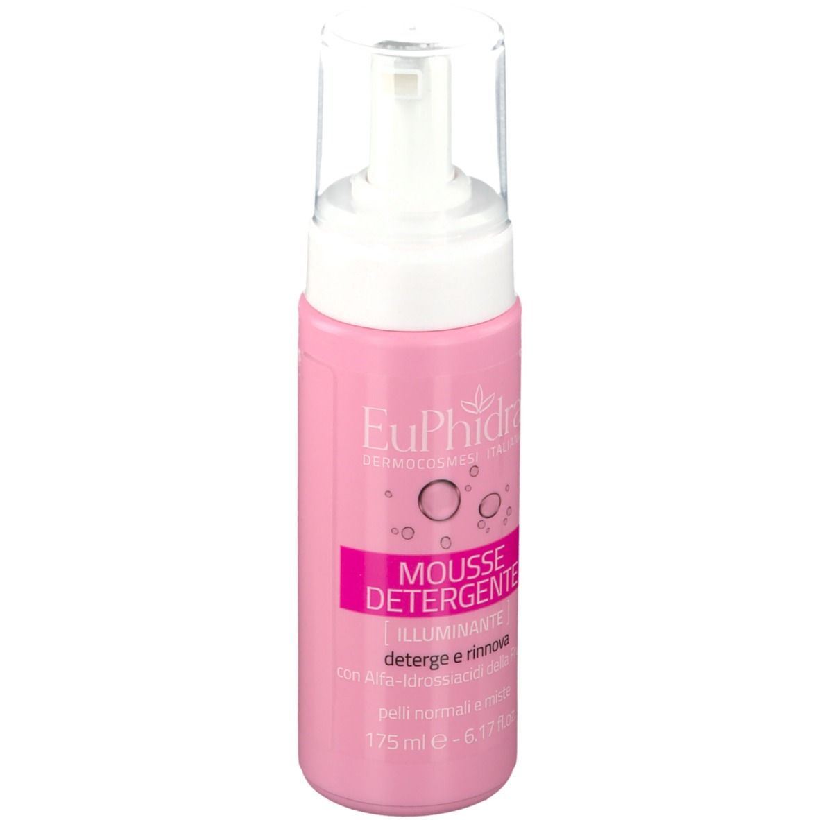Flacone rosa con erogatore bianco. Scritta: EuPhidra, Mousse Detergente, Illuminante. 175 ml.