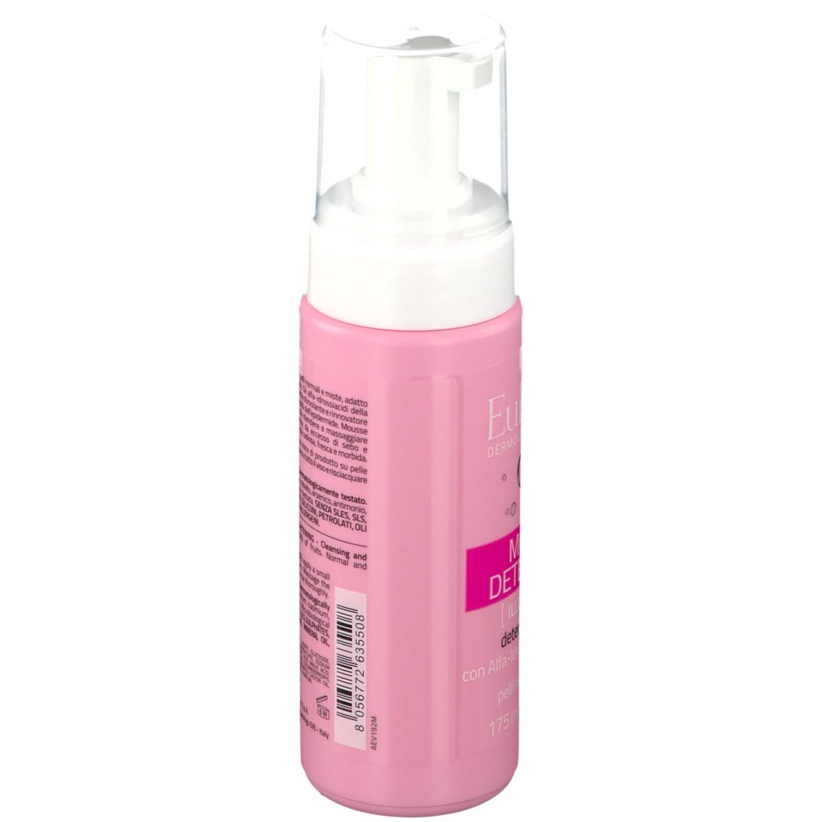 Retro di un flacone rosa con erogatore bianco. Testo: EuPhidra. Codice a barre e informazioni prodotto.