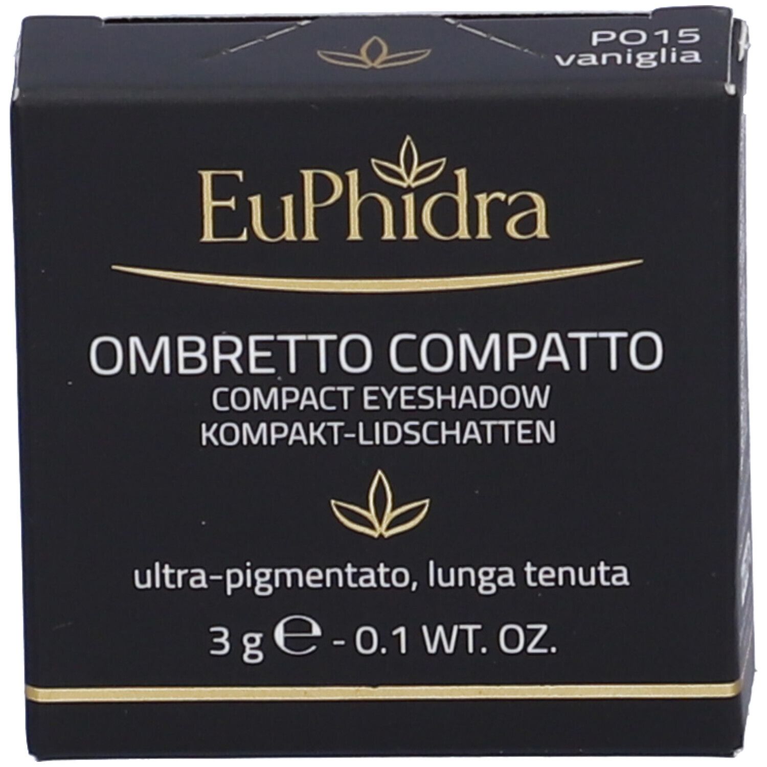 Scatola nera con informazioni sul prodotto. Scritto Euphidra Ombretto Compatto, PO15 Vaniglia.