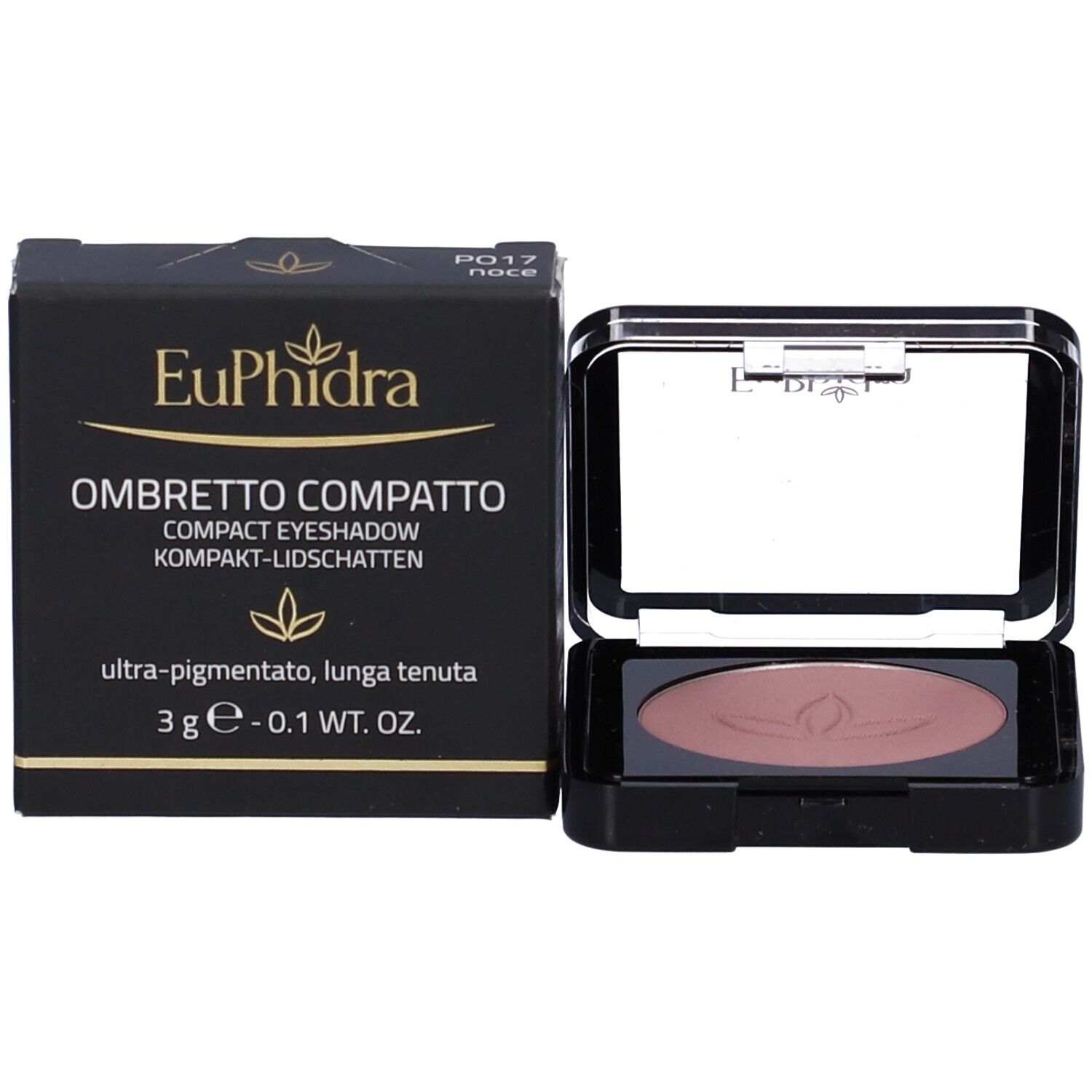 Ombretto compatto in astuccio nero con coperchio aperto e confezione. Nome del prodotto e dettagli sulla confezione.
