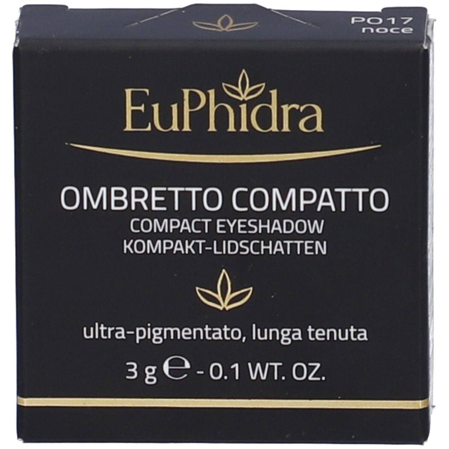 Confezione nera con nome e dettagli del prodotto. Contiene informazioni come nome del prodotto, peso e descrizione.