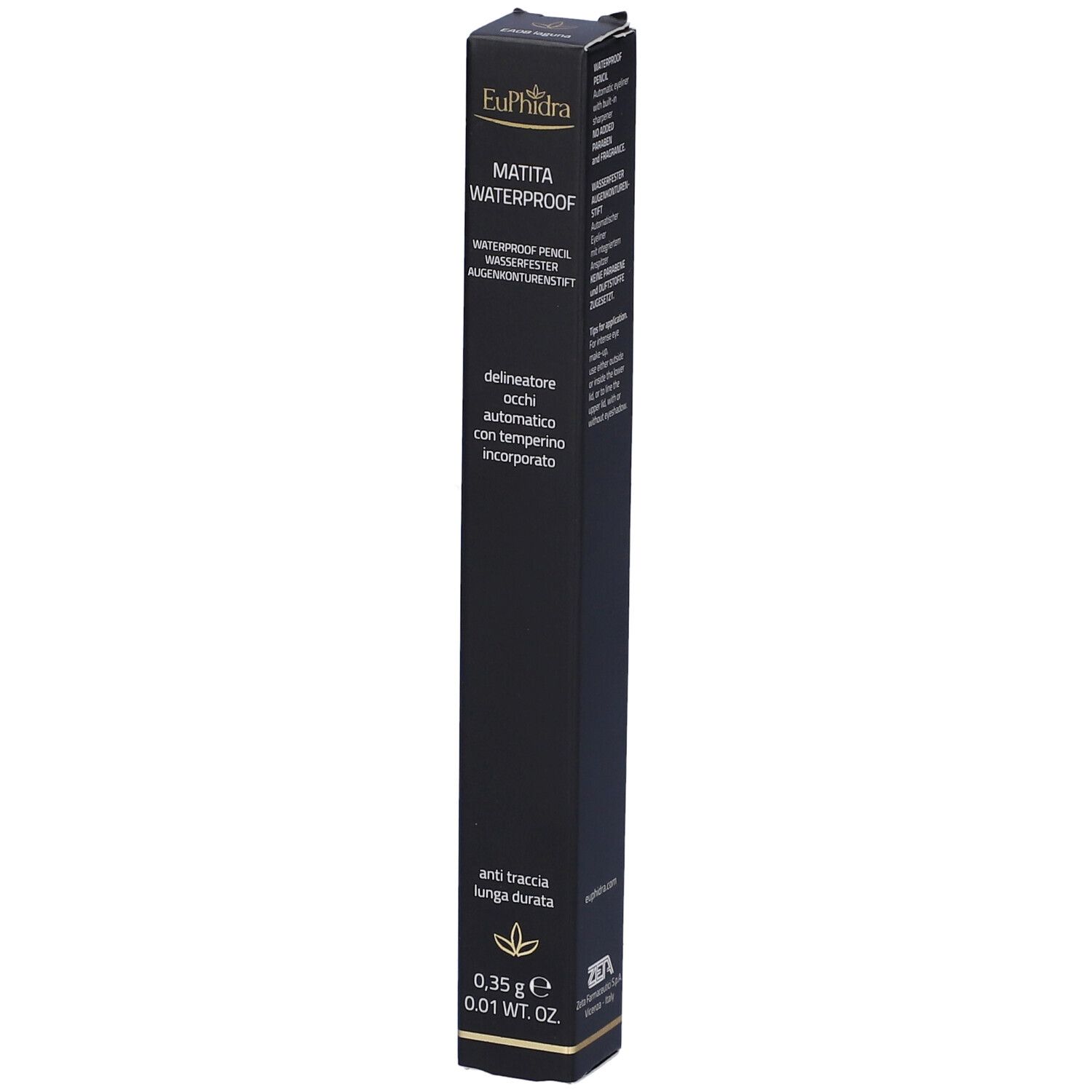 Confezione nera. Contiene una matita occhi. Scritta: Euphidra, Matita Waterproof. Con informazioni.