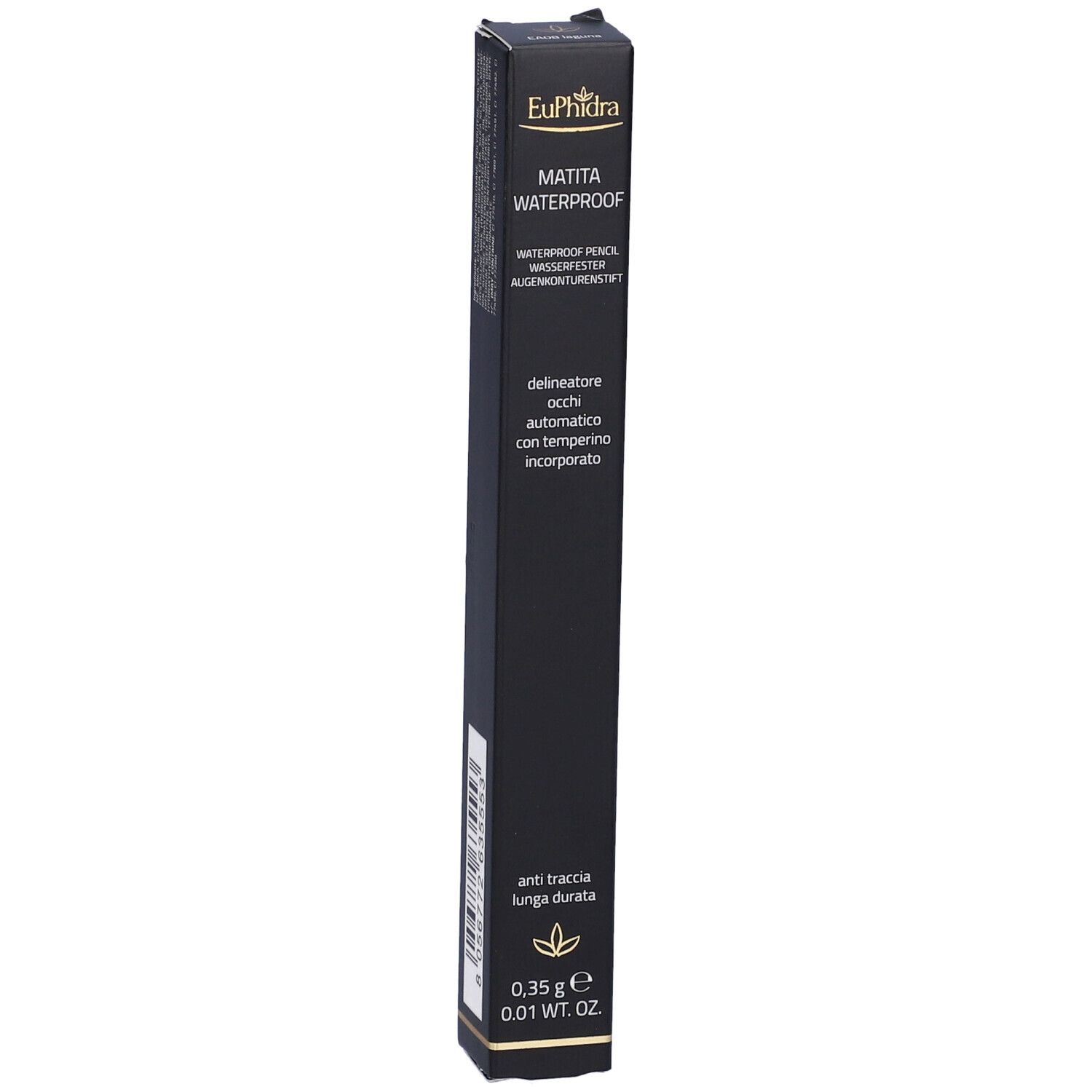 Confezione nera. Contiene una matita occhi. Scritta: Euphidra, Matita Waterproof. Con informazioni.