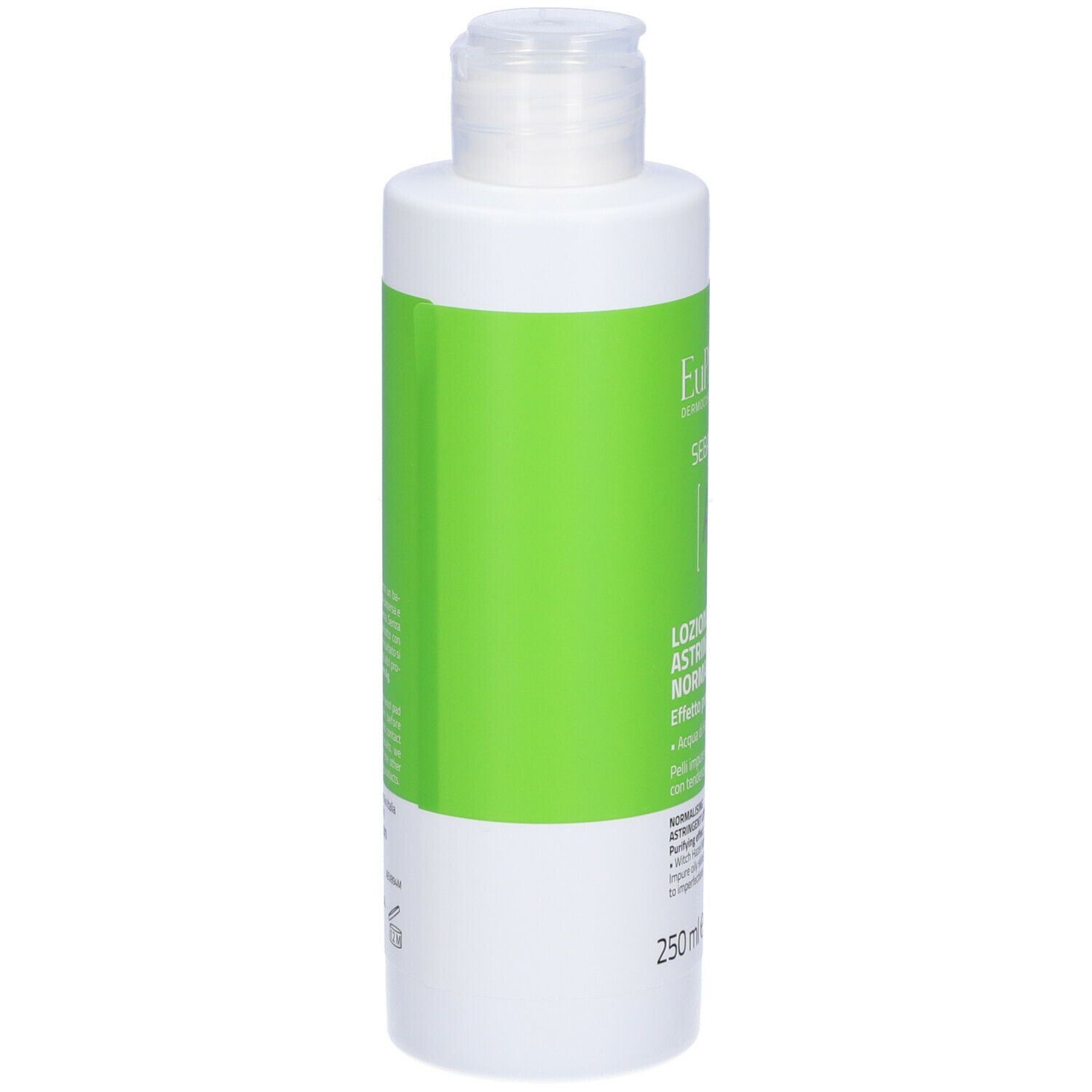 Flacone bianco con etichetta verde. Scritta: Euphidra, Sebanorm, Lozione Astringente Normalizzante. 250 ml.