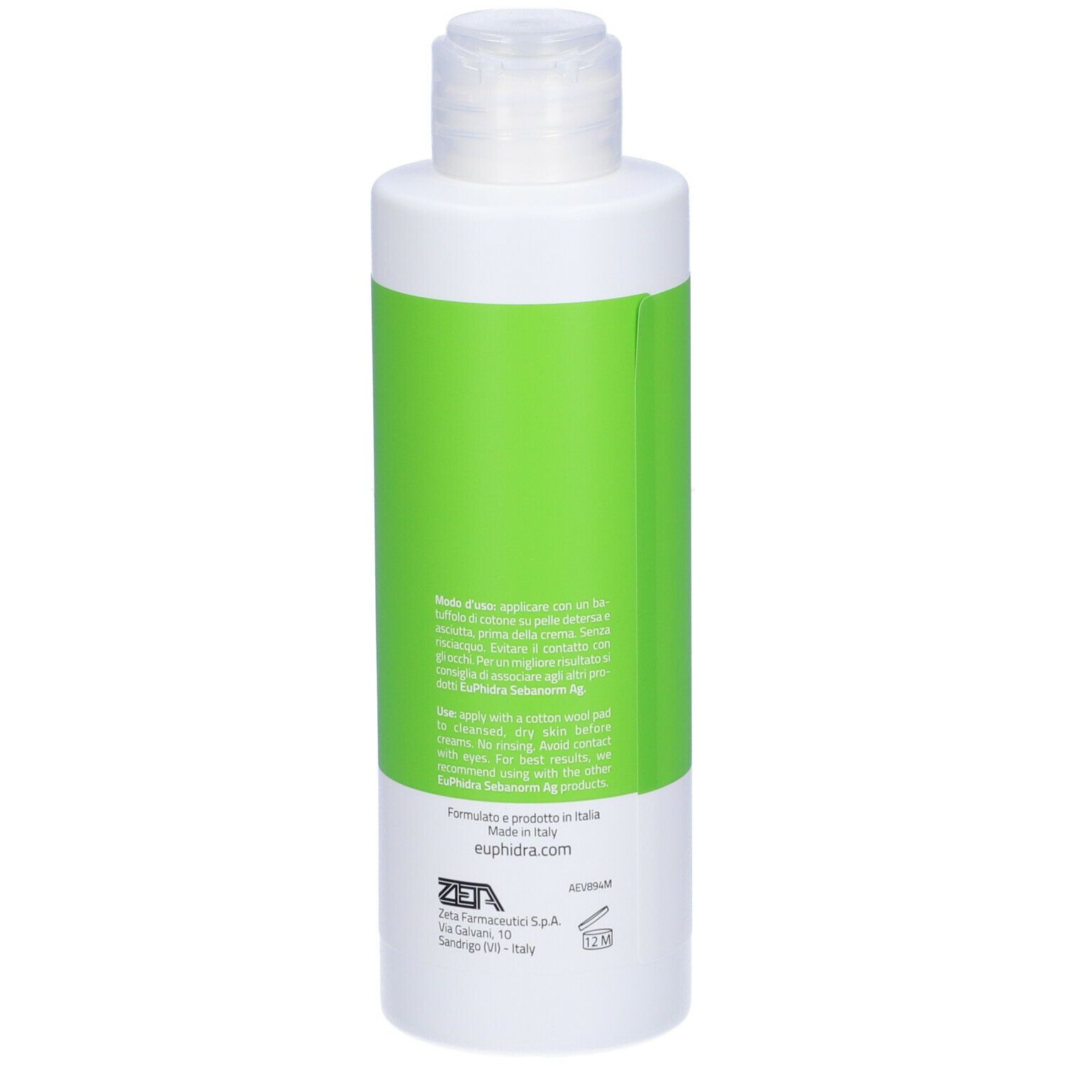 Flacone bianco con etichetta verde. Retro con testo. Scritta: Euphidra. 250 ml.