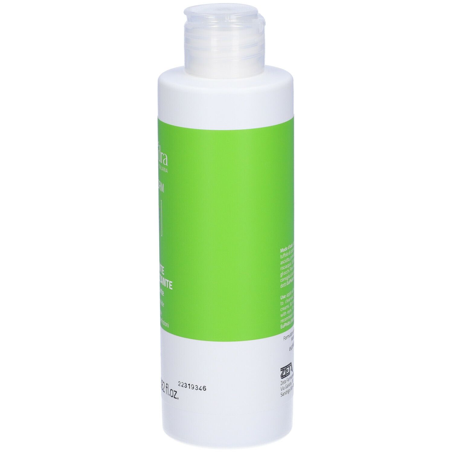 Flacone bianco con etichetta verde. Scritta: Euphidra, Sebanorm, Lozione Astringente Normalizzante. 250 ml.