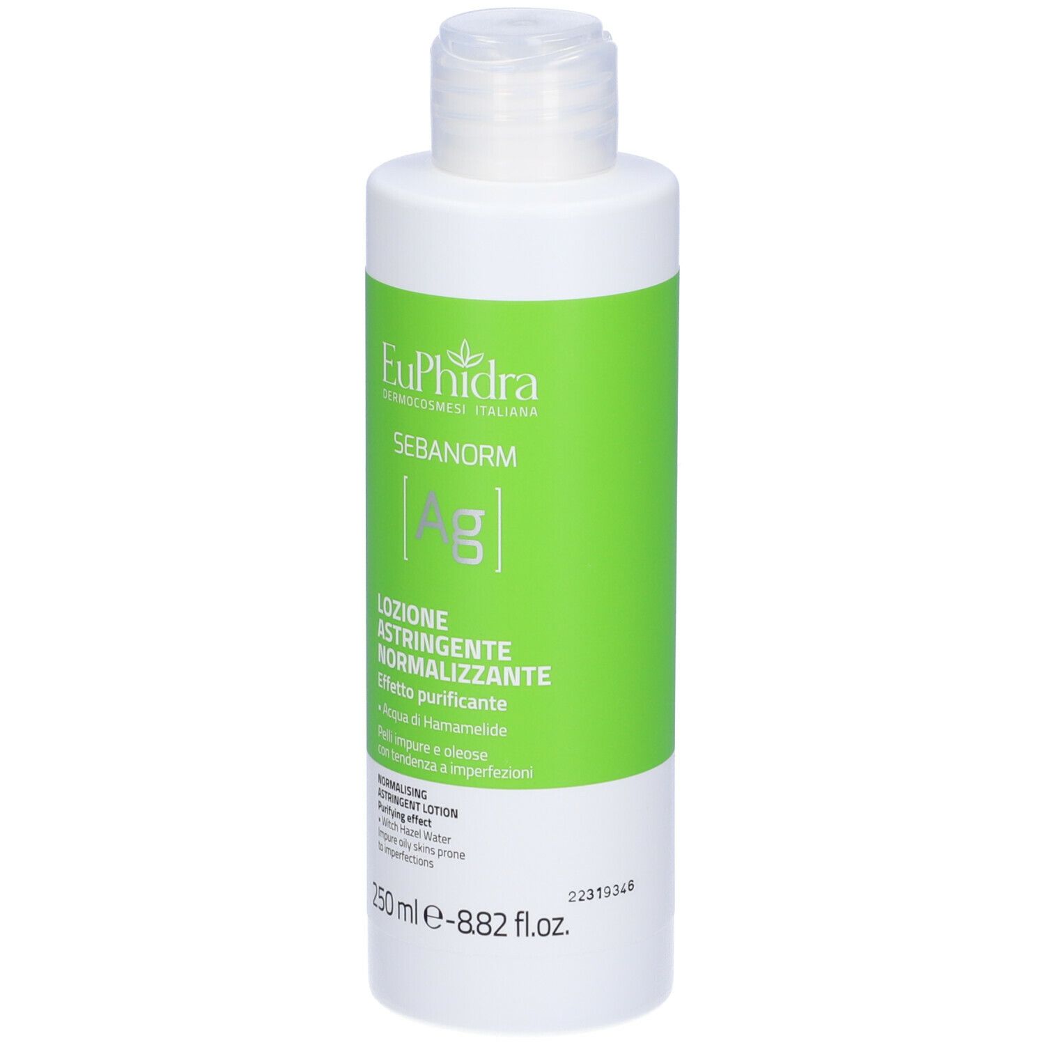 Flacone bianco con etichetta verde. Scritta: Euphidra, Sebanorm, Lozione Astringente Normalizzante. 250 ml.