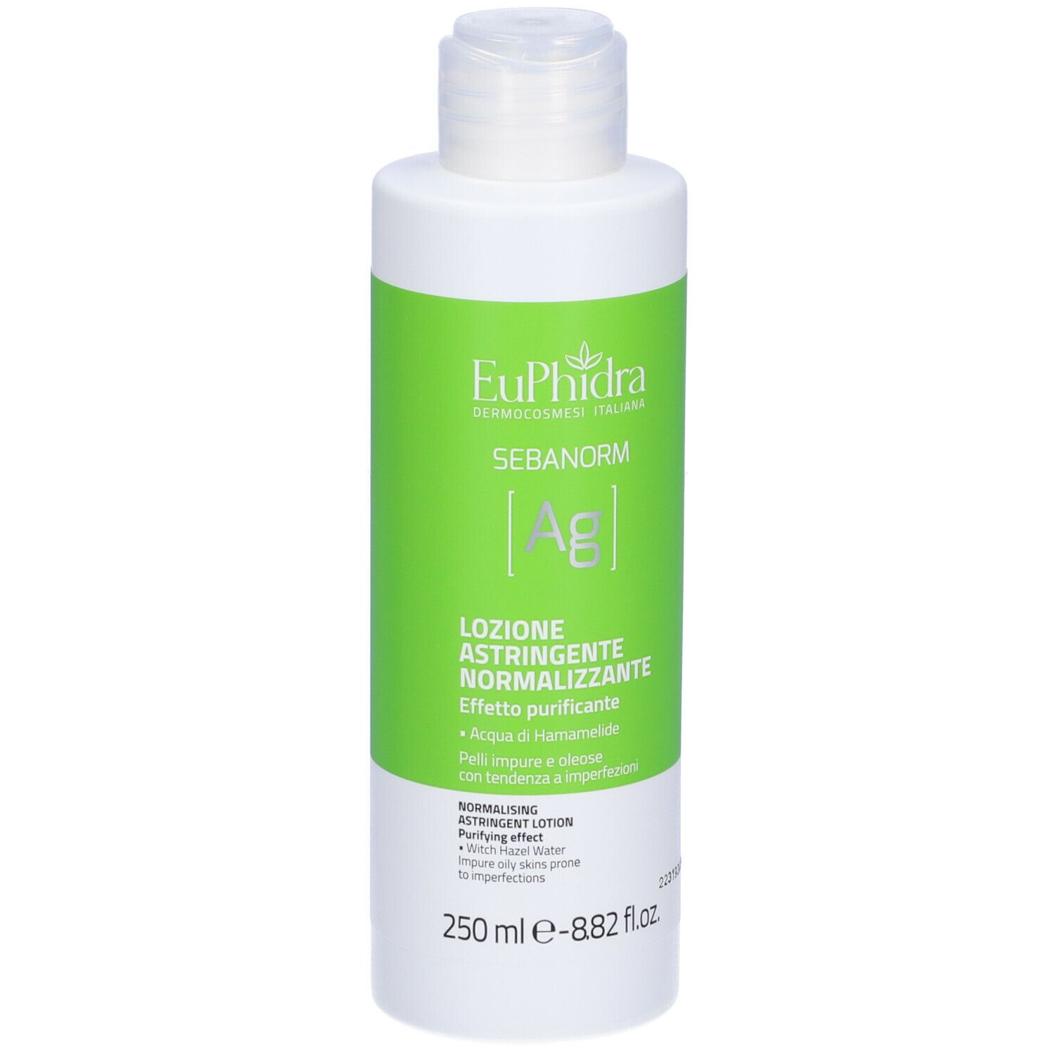 Flacone bianco con etichetta verde. Scritta: Euphidra, Sebanorm, Lozione Astringente Normalizzante. 250 ml.