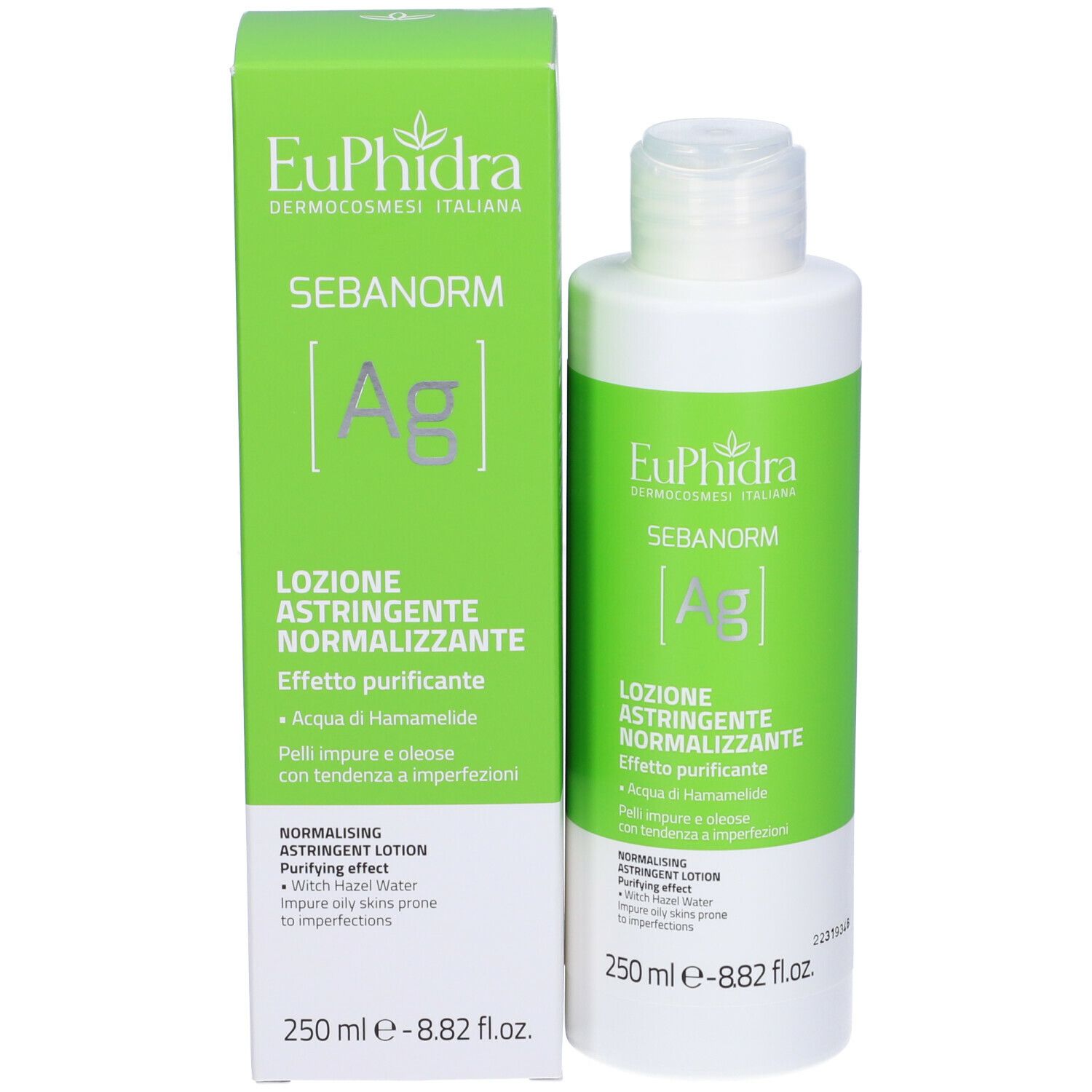 Confezione e flacone. Confezione verde con flacone bianco. Scritta: Euphidra, Sebanorm, Lozione Astringente Normalizzante. 250 ml.