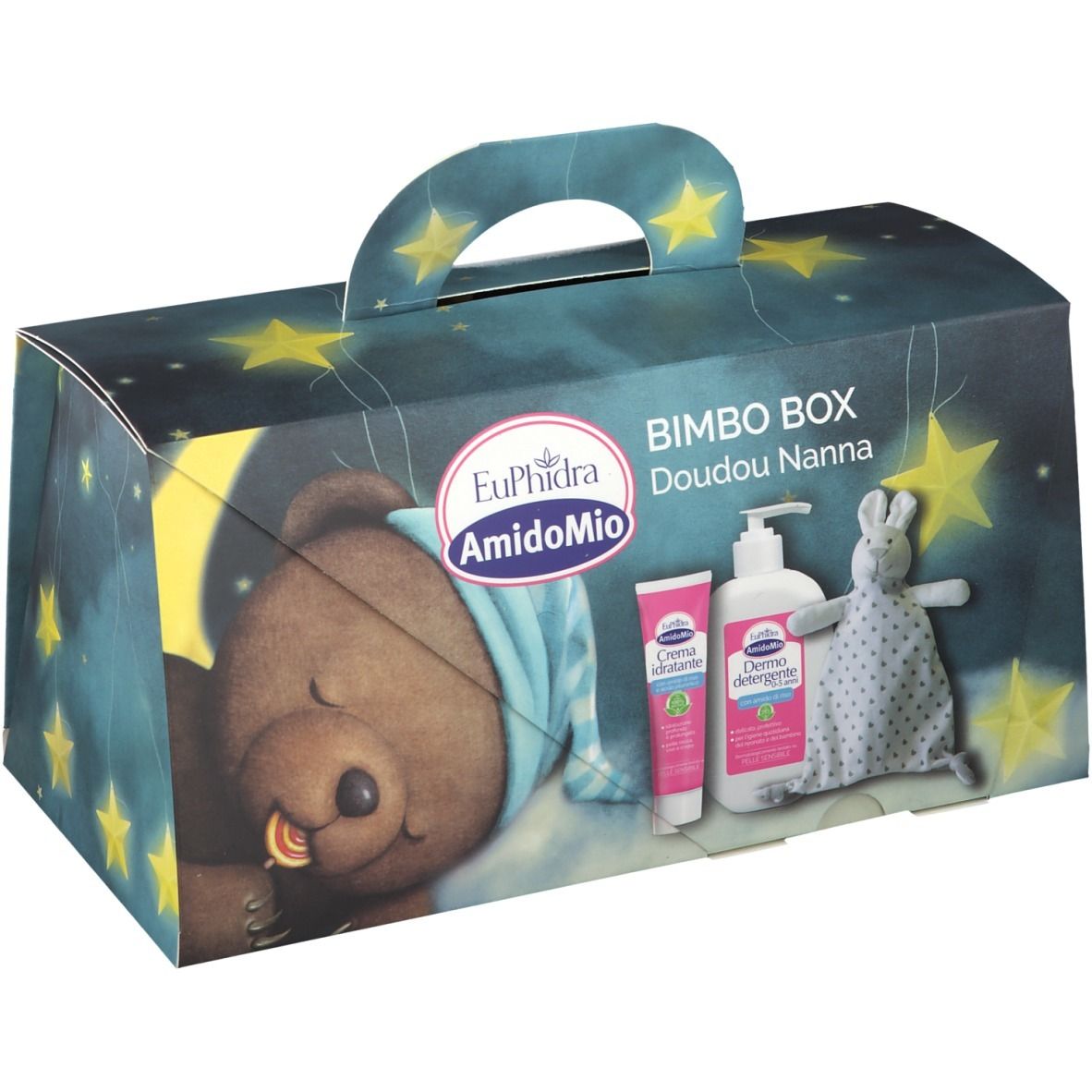 Confezione regalo con manico. Contiene crema, sapone e doudou. Stampa: orso che dorme, stelle e luna.