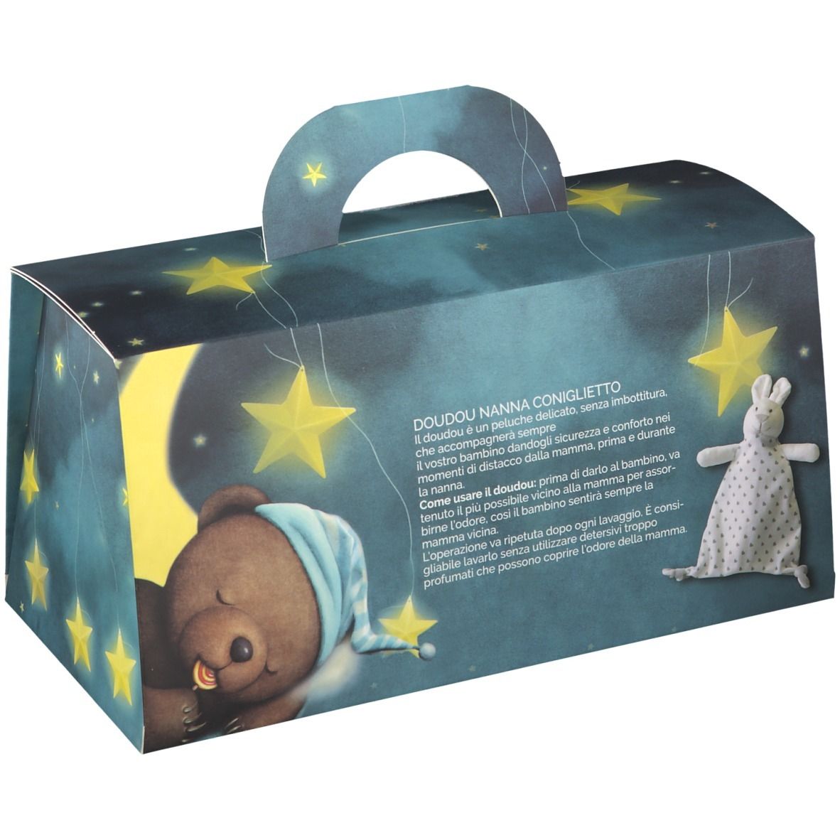 Confezione regalo con manico. Contiene crema, sapone e doudou. Stampa: orso che dorme, stelle e luna.