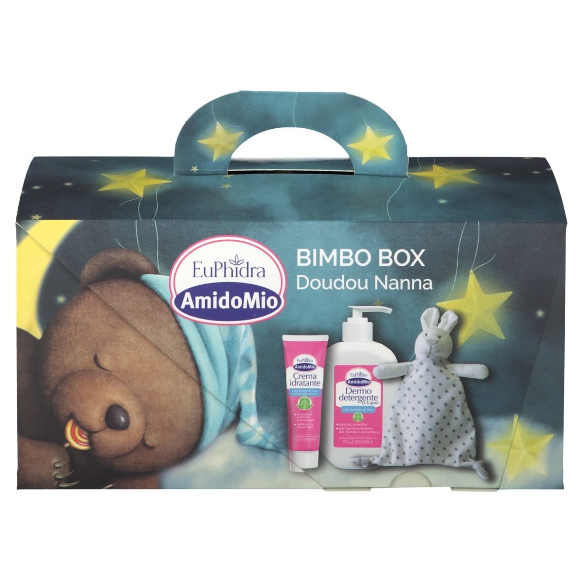Confezione regalo con manico. Contiene crema, sapone e doudou. Stampa: orso che dorme, stelle e luna.