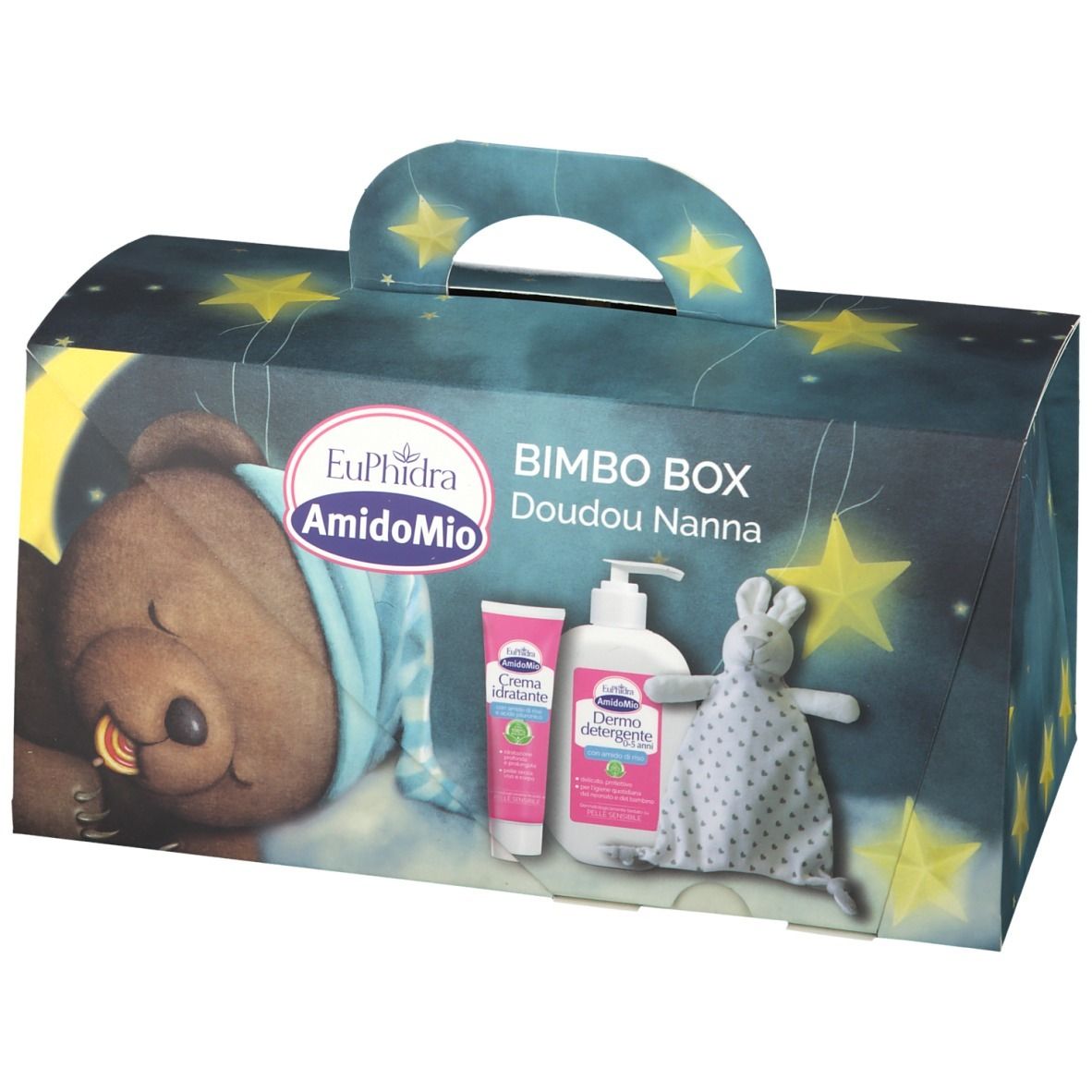 Confezione regalo con manico. Contiene crema, sapone e doudou. Stampa: orso che dorme, stelle e luna.