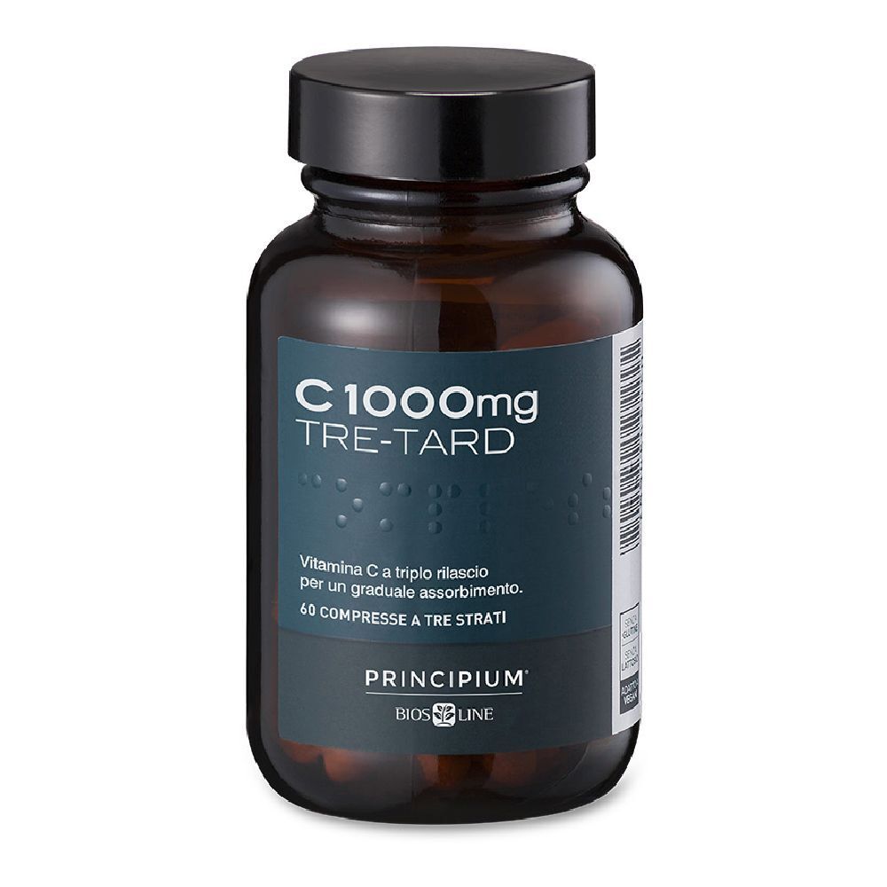 Braune Glasflasche mit Tabletten. Aufschrift: C 1000mg TRE-TARD. Marke: Principium. Bios Line.