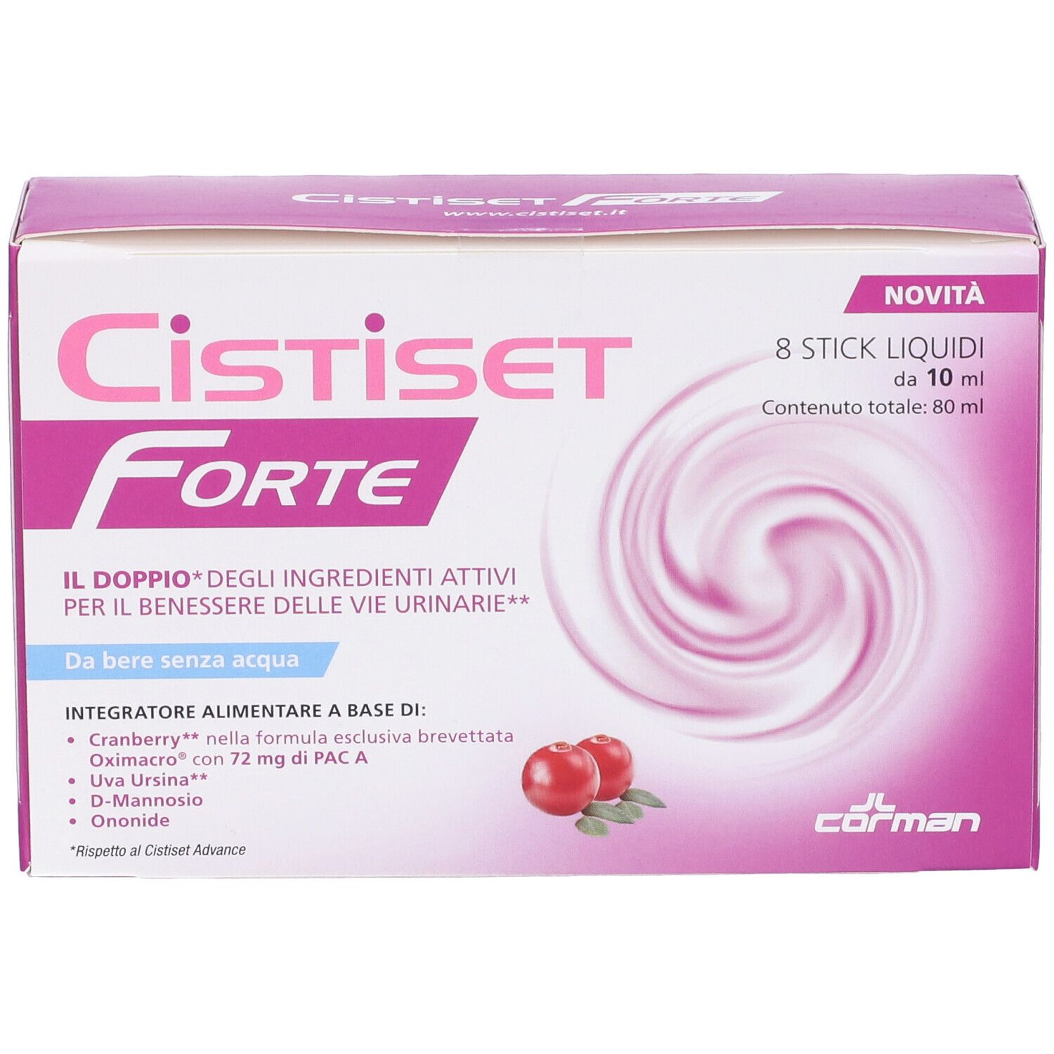 Produktverpackung mit Produktnamen und Logo. Enthält 8 Flüssigkeitssticks. Cranberry-Illustration.