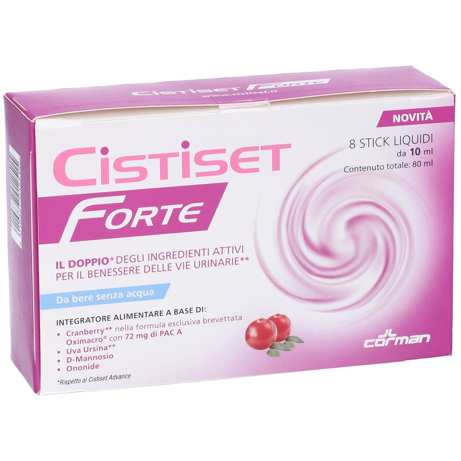 Verpackung mit 8 flüssigen Sticks Cistiset Forte, 10 ml pro Stick, Cranberry-Geschmack.