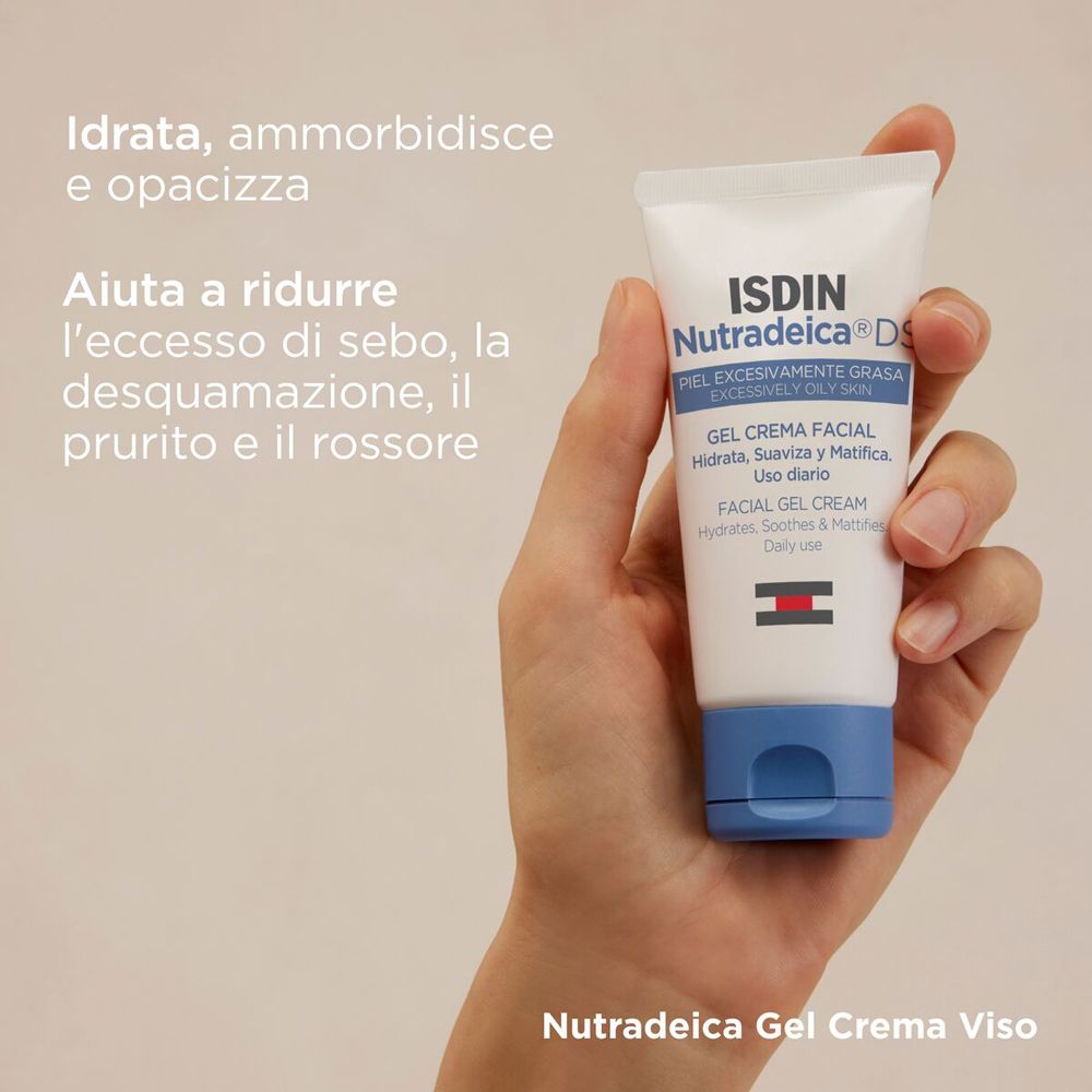 Hand hält ISDIN Nutradeica Gel Crema Viso Tube mit Text.