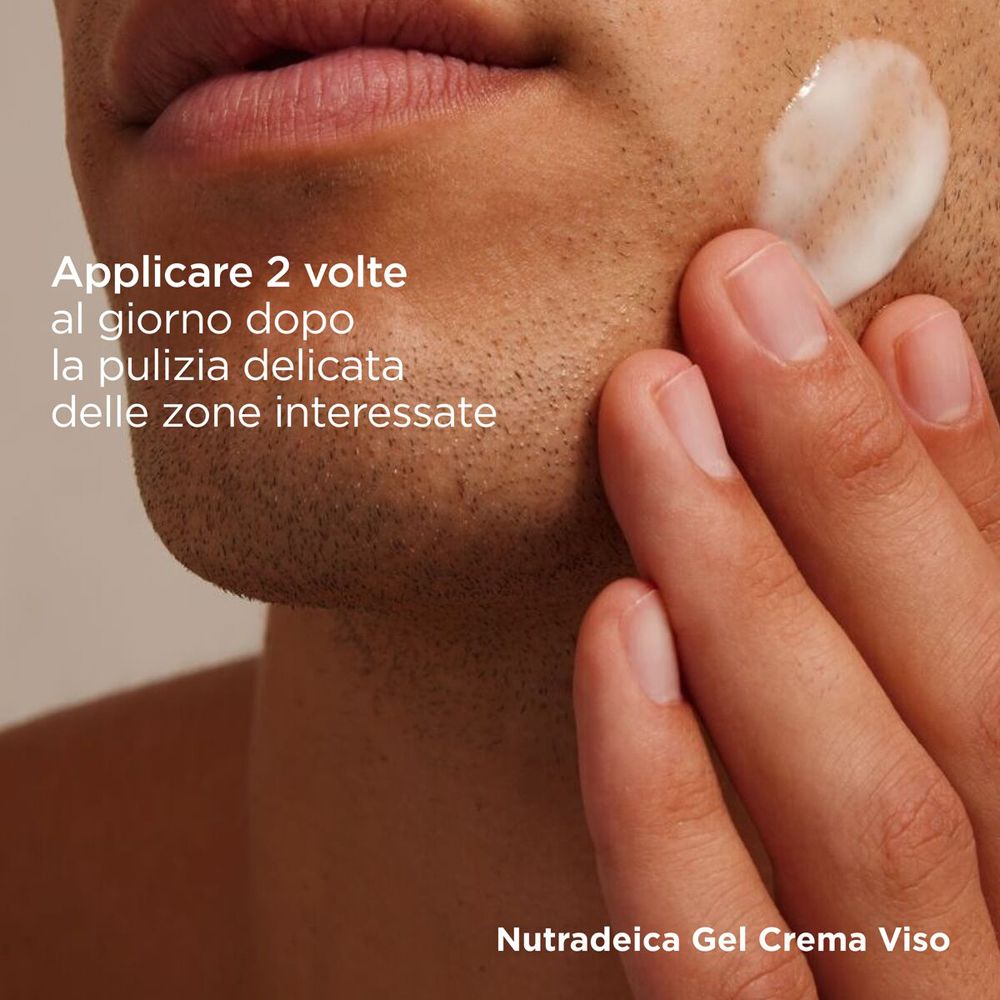 Mann trägt ISDIN Nutradeica Gel Crema Viso auf.