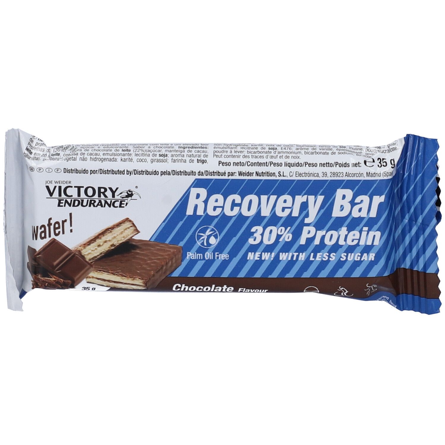 Confezione barretta. Scritta: Victory Endurance Recovery Bar, 30% Protein, Chocolate flavour. Immagine prodotto.