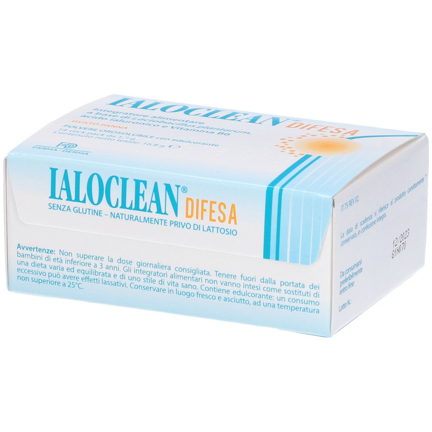 Scatola di Ialoclean Difesa. Confezione bianca e blu con nome del prodotto e informazioni. Senza glutine e lattosio.