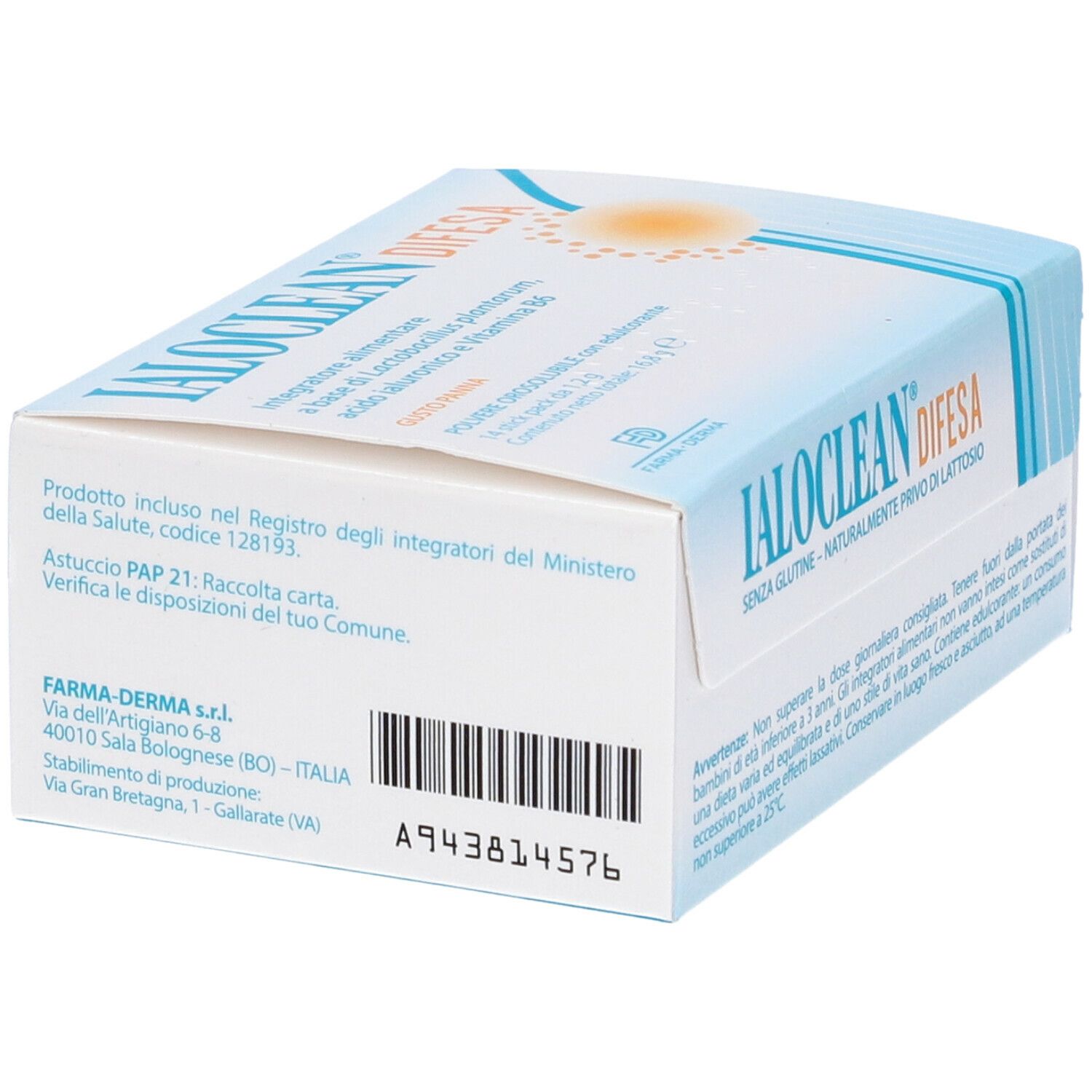 Scatola Ialoclean Difesa. Retro con indirizzo del produttore e codice a barre. Nome del prodotto e logo visibili.