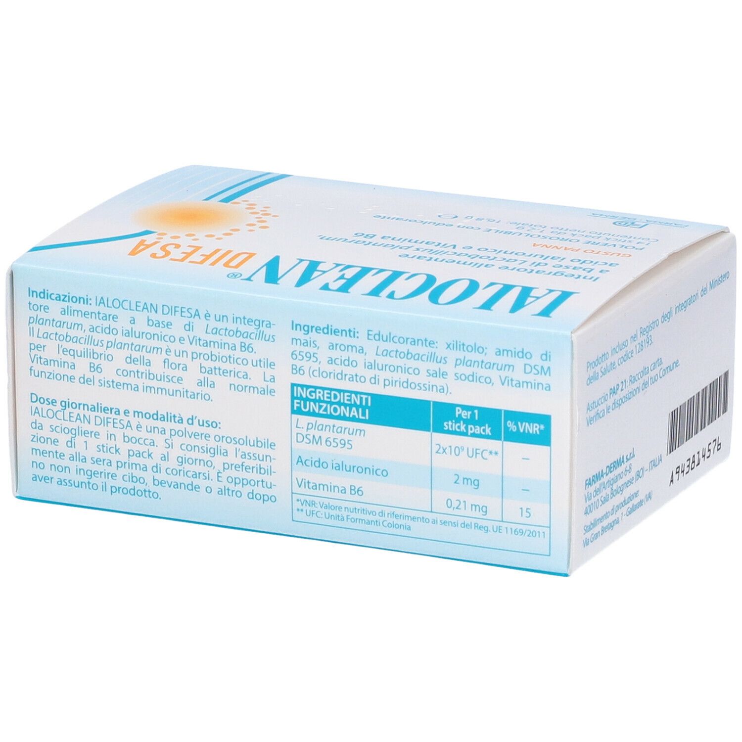 Scatola Ialoclean Difesa. Lato con ingredienti e informazioni nutrizionali. Nome del prodotto e logo visibili.